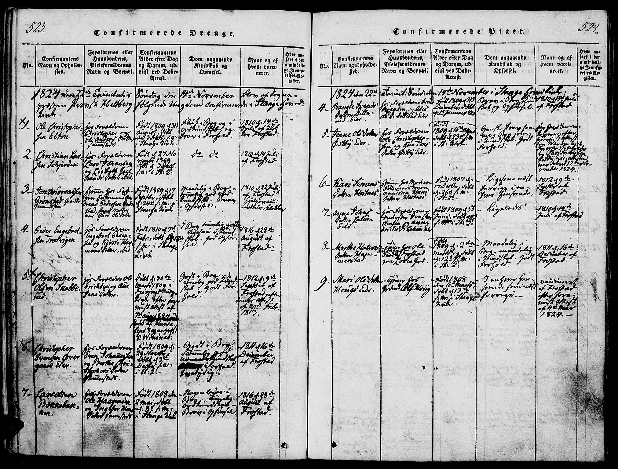 Stange prestekontor, SAH/PREST-002/K/L0008: Parish register (official) no. 8, 1814-1825, p. 523-524