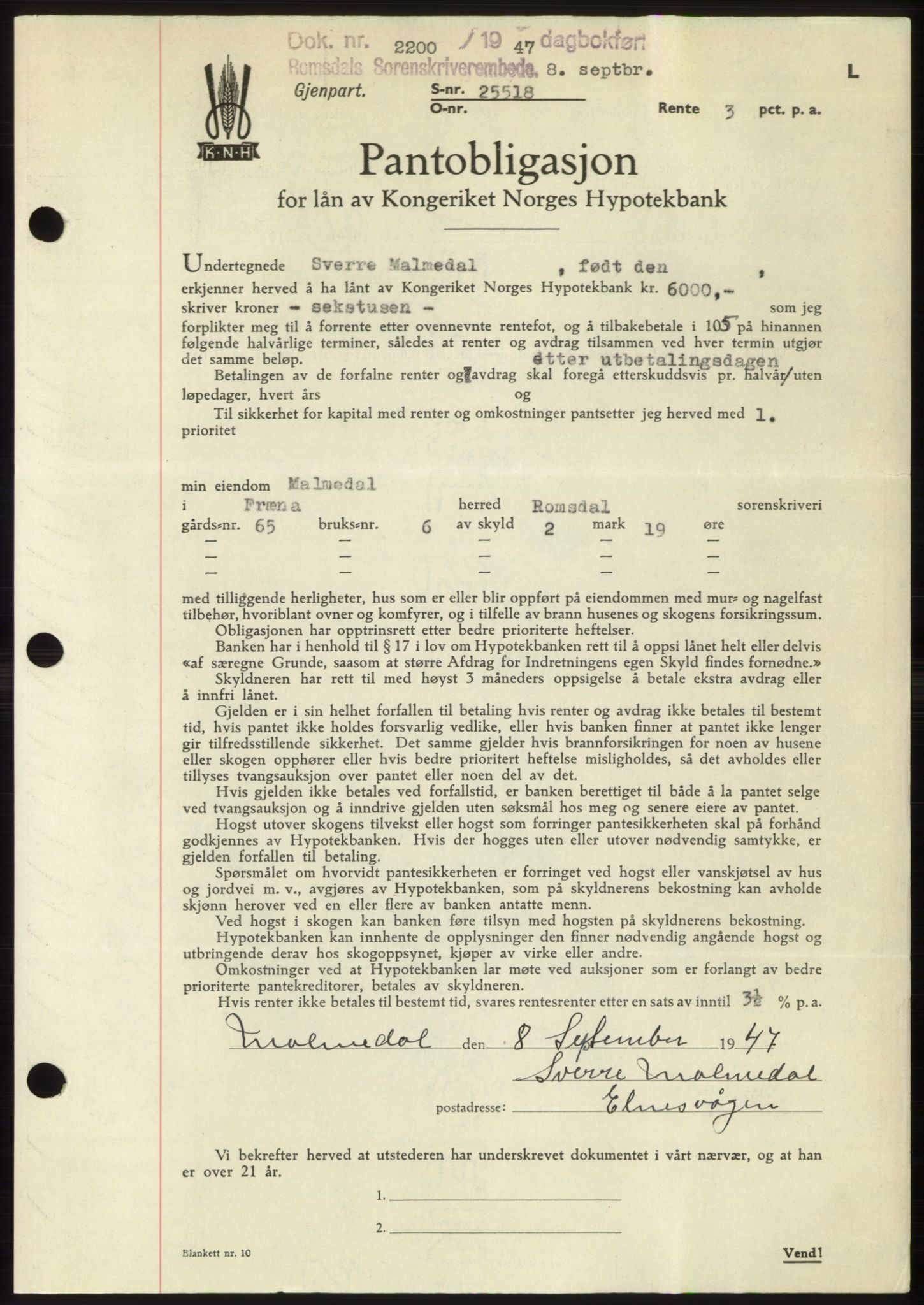 Romsdal sorenskriveri, AV/SAT-A-4149/1/2/2C: Mortgage book no. B3, 1946-1948, Diary no: : 2200/1947