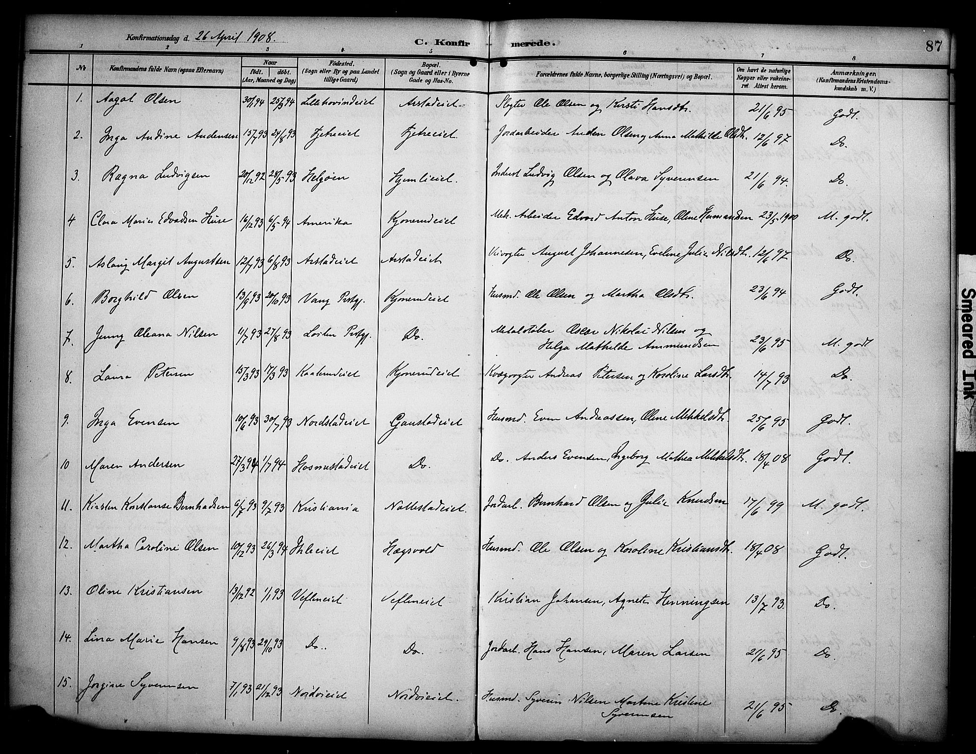 Stange prestekontor, SAH/PREST-002/K/L0022: Parish register (official) no. 22, 1903-1914, p. 87