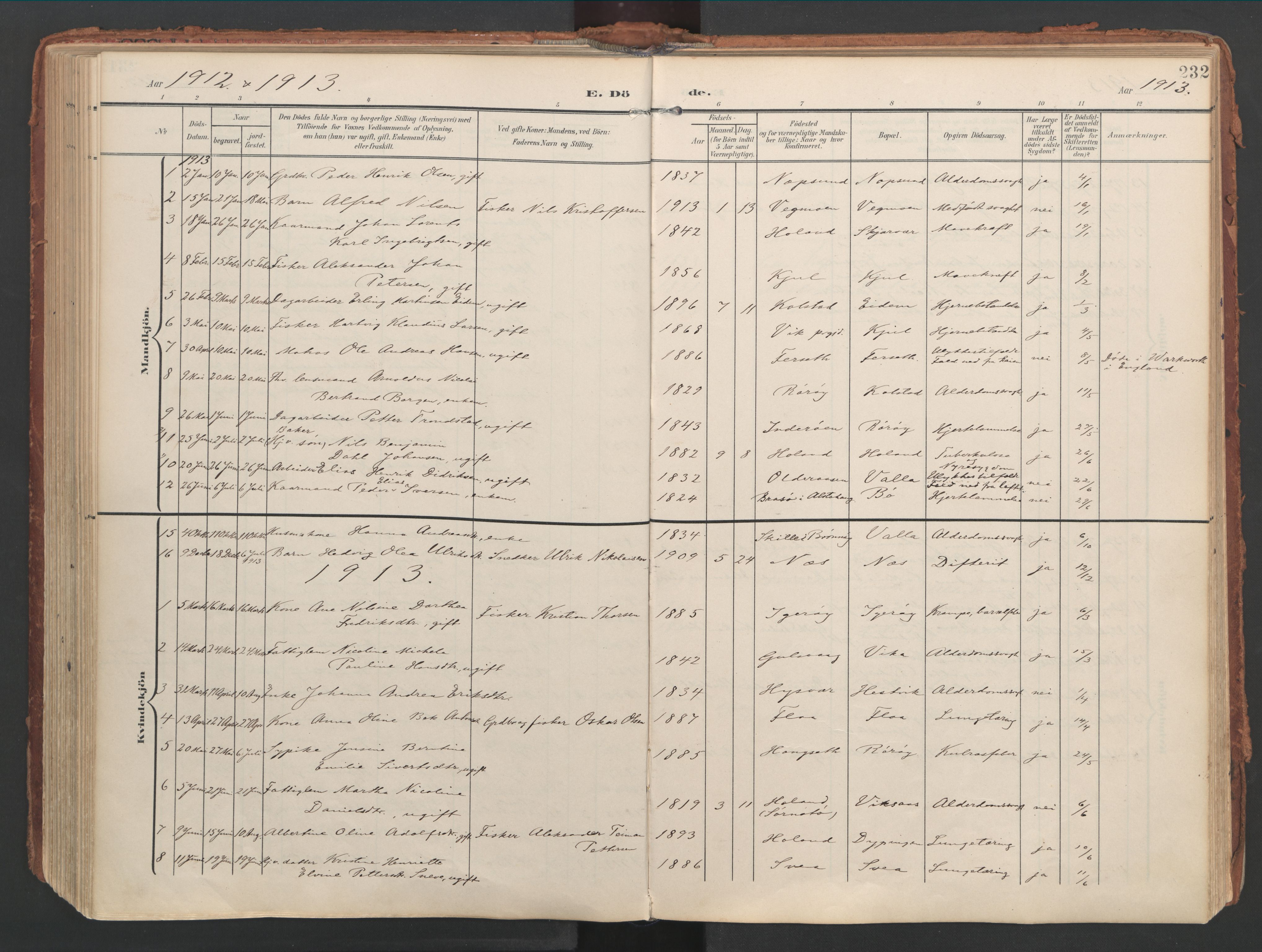 Ministerialprotokoller, klokkerbøker og fødselsregistre - Nordland, AV/SAT-A-1459/816/L0250: Parish register (official) no. 816A16, 1903-1923, p. 232