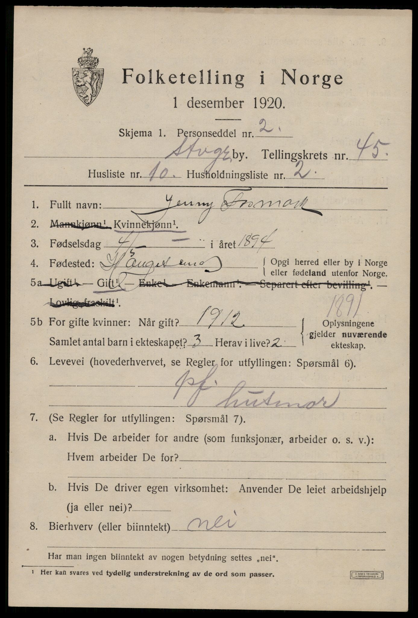 SAST, 1920 census for Stavanger, 1920, p. 110308