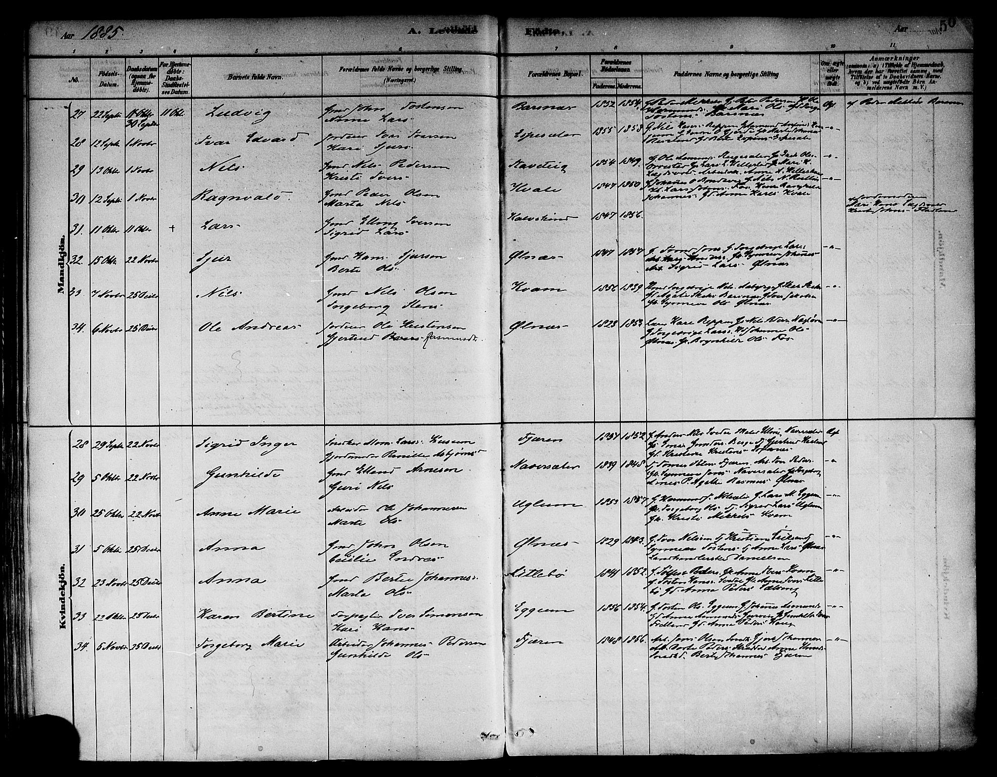 Sogndal sokneprestembete, SAB/A-81301/H/Haa/Haab/L0001: Parish register (official) no. B 1, 1878-1899, p. 50