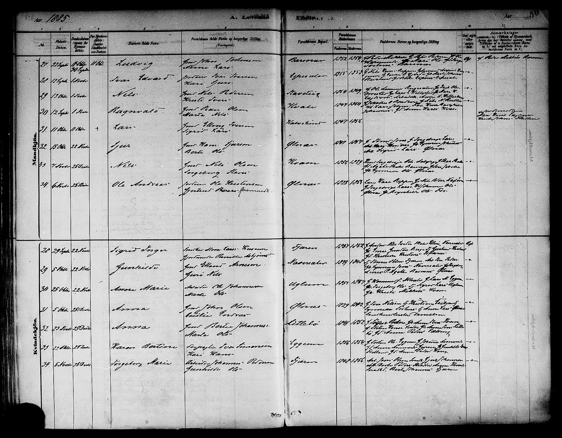 Sogndal sokneprestembete, AV/SAB-A-81301/H/Haa/Haab/L0001: Parish register (official) no. B 1, 1878-1899, p. 50