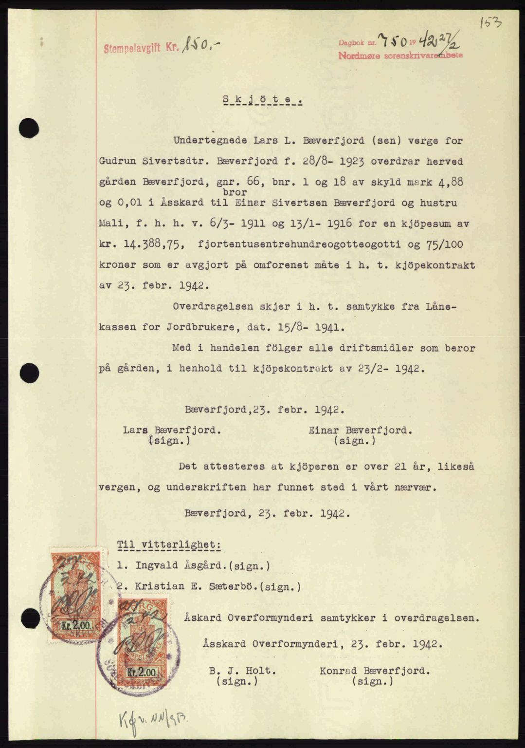 Nordmøre sorenskriveri, AV/SAT-A-4132/1/2/2Ca: Mortgage book no. A92, 1942-1942, Diary no: : 750/1942