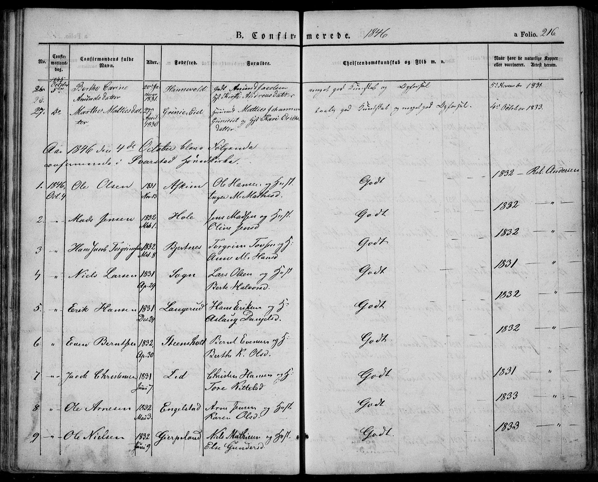 Lardal kirkebøker, SAKO/A-350/F/Fa/L0006: Parish register (official) no. I 6, 1835-1860, p. 216