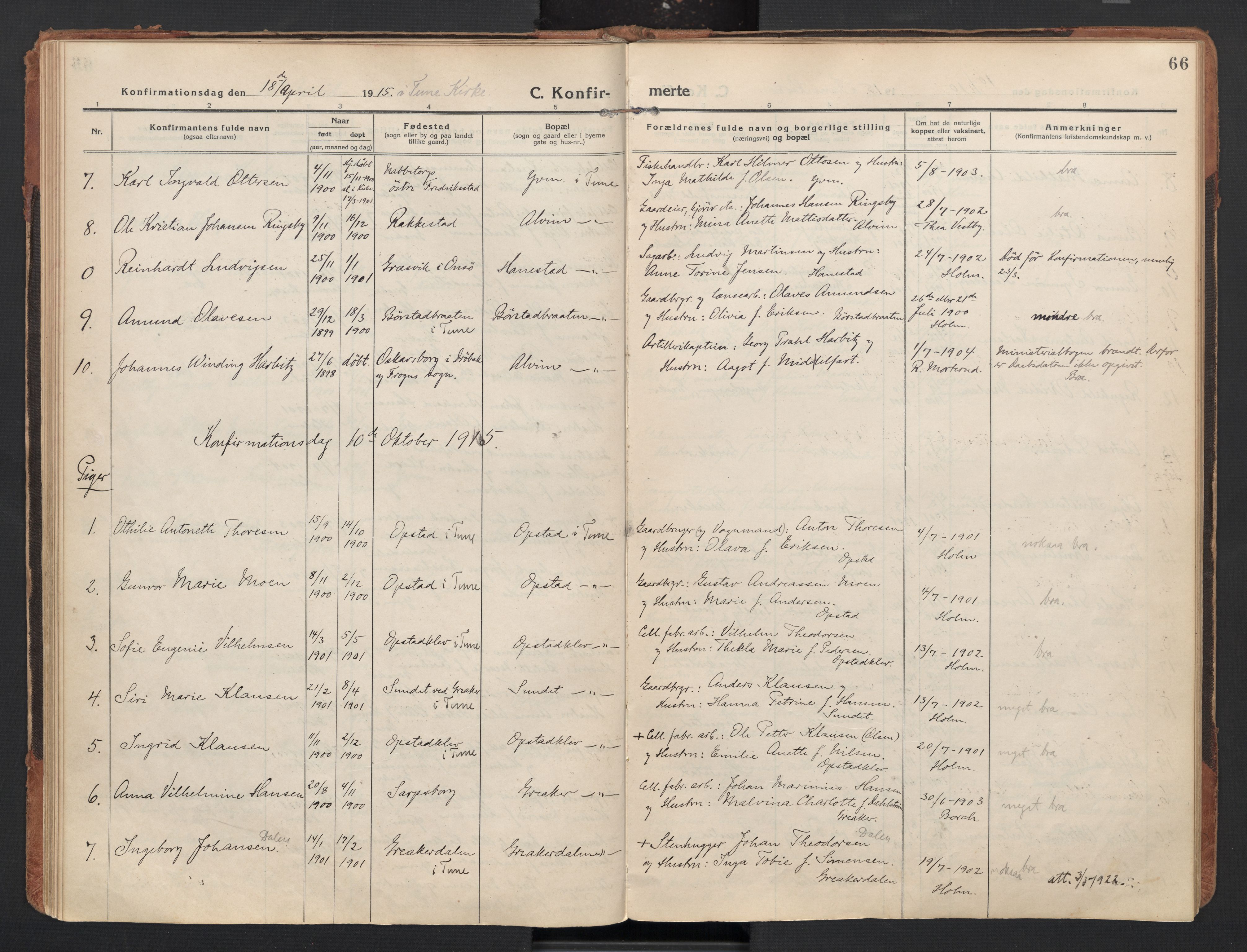 Tune prestekontor Kirkebøker, AV/SAO-A-2007/F/Fb/L0001: Curate's parish register no. 1, 1915-1923, p. 66