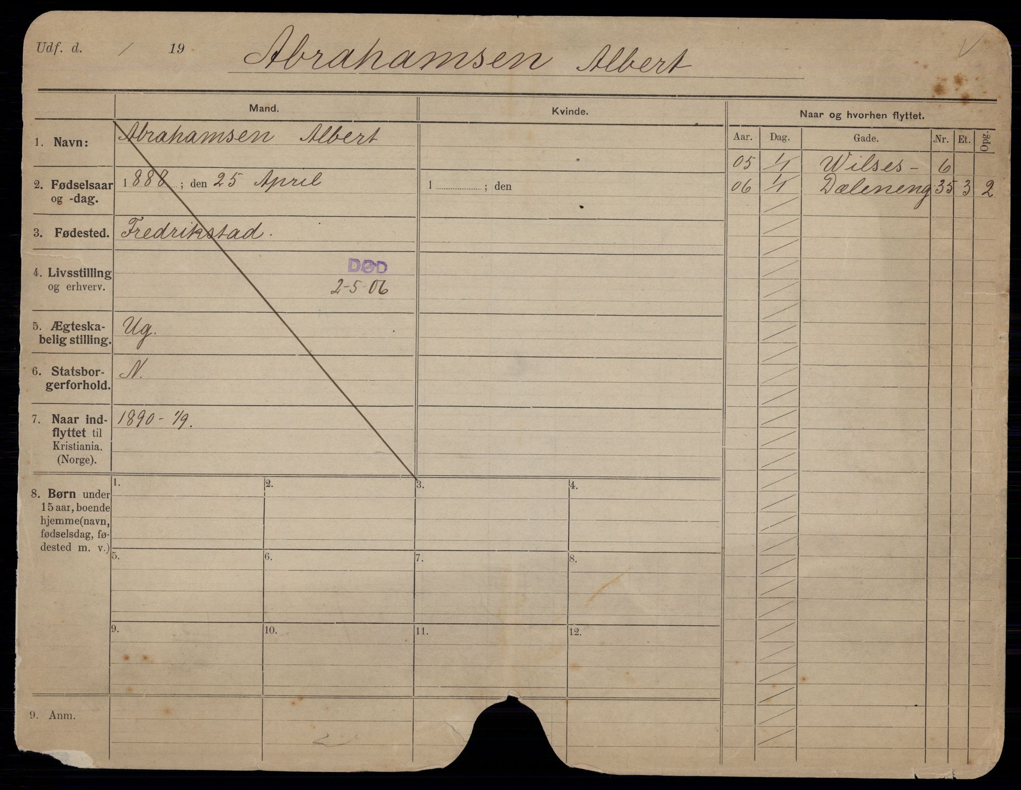 Oslo folkeregister, Registerkort, SAO/A-11715/G/Gb/L0001: Menn, 1906