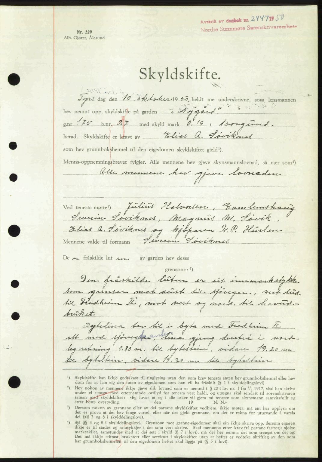 Nordre Sunnmøre sorenskriveri, AV/SAT-A-0006/1/2/2C/2Ca: Mortgage book no. A36, 1950-1950, Diary no: : 2447/1950