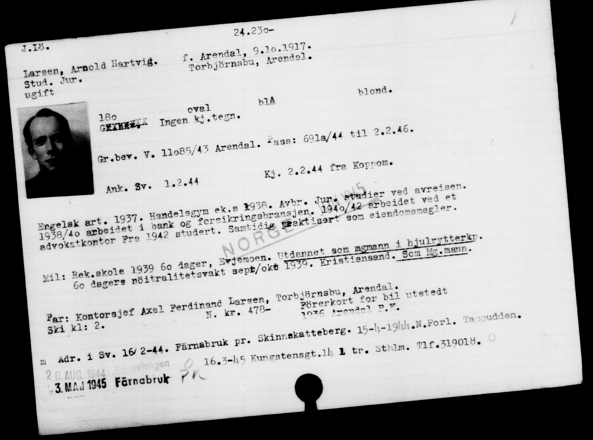 Utenriksstasjonene, Legasjonen i Stockholm, Flyktningkontoret, AV/RA-S-6753/V/Va/L0010: Kjesäterkartoteket, flyktninger med registreringsnr. 22000-25314, 1940-1945, p. 2359