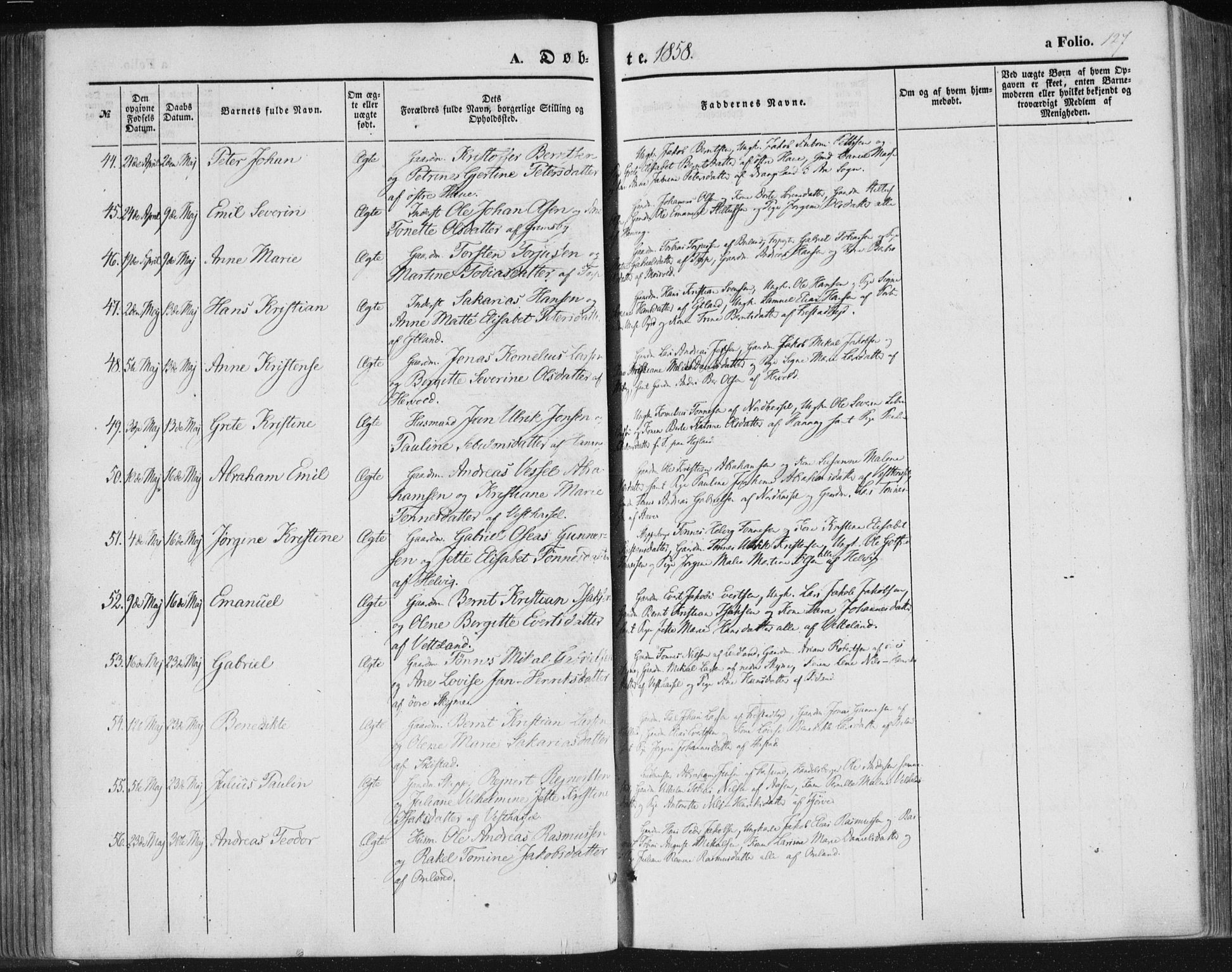 Lista sokneprestkontor, AV/SAK-1111-0027/F/Fa/L0010: Parish register (official) no. A 10, 1846-1861, p. 127