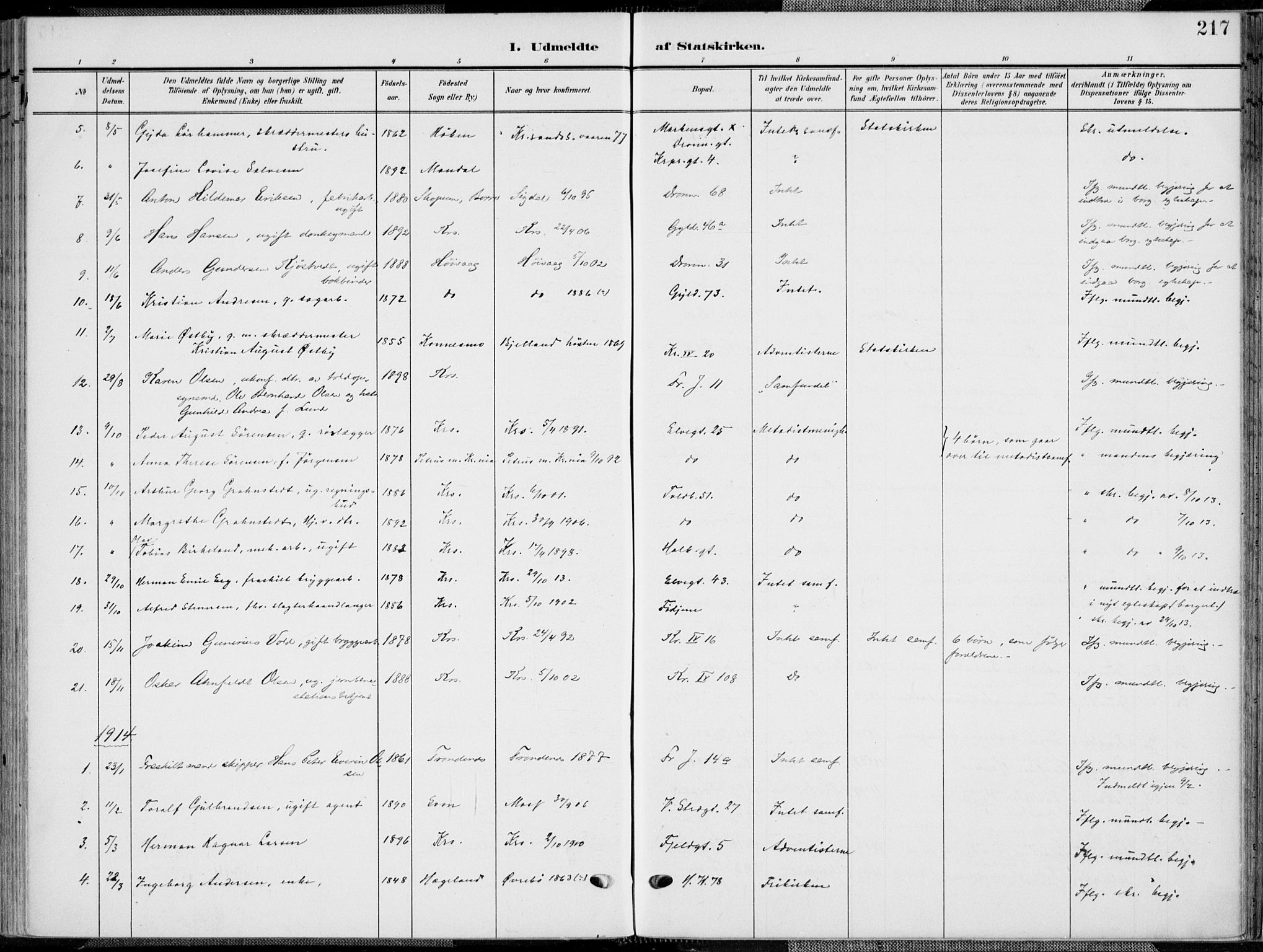 Kristiansand domprosti, SAK/1112-0006/F/Fa/L0022: Parish register (official) no. A 21, 1905-1916, p. 217