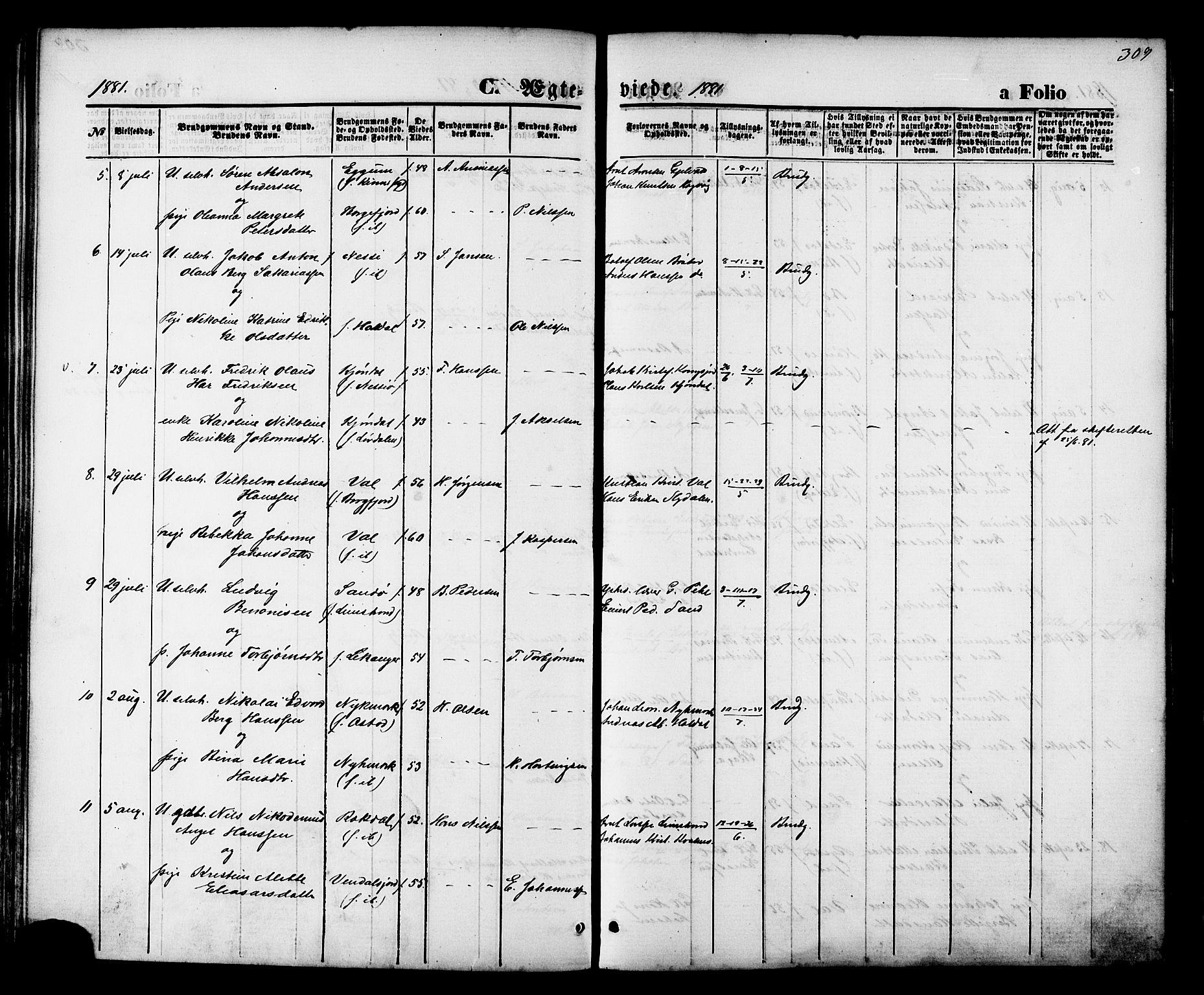 Ministerialprotokoller, klokkerbøker og fødselsregistre - Nordland, AV/SAT-A-1459/880/L1132: Parish register (official) no. 880A06, 1869-1887, p. 309