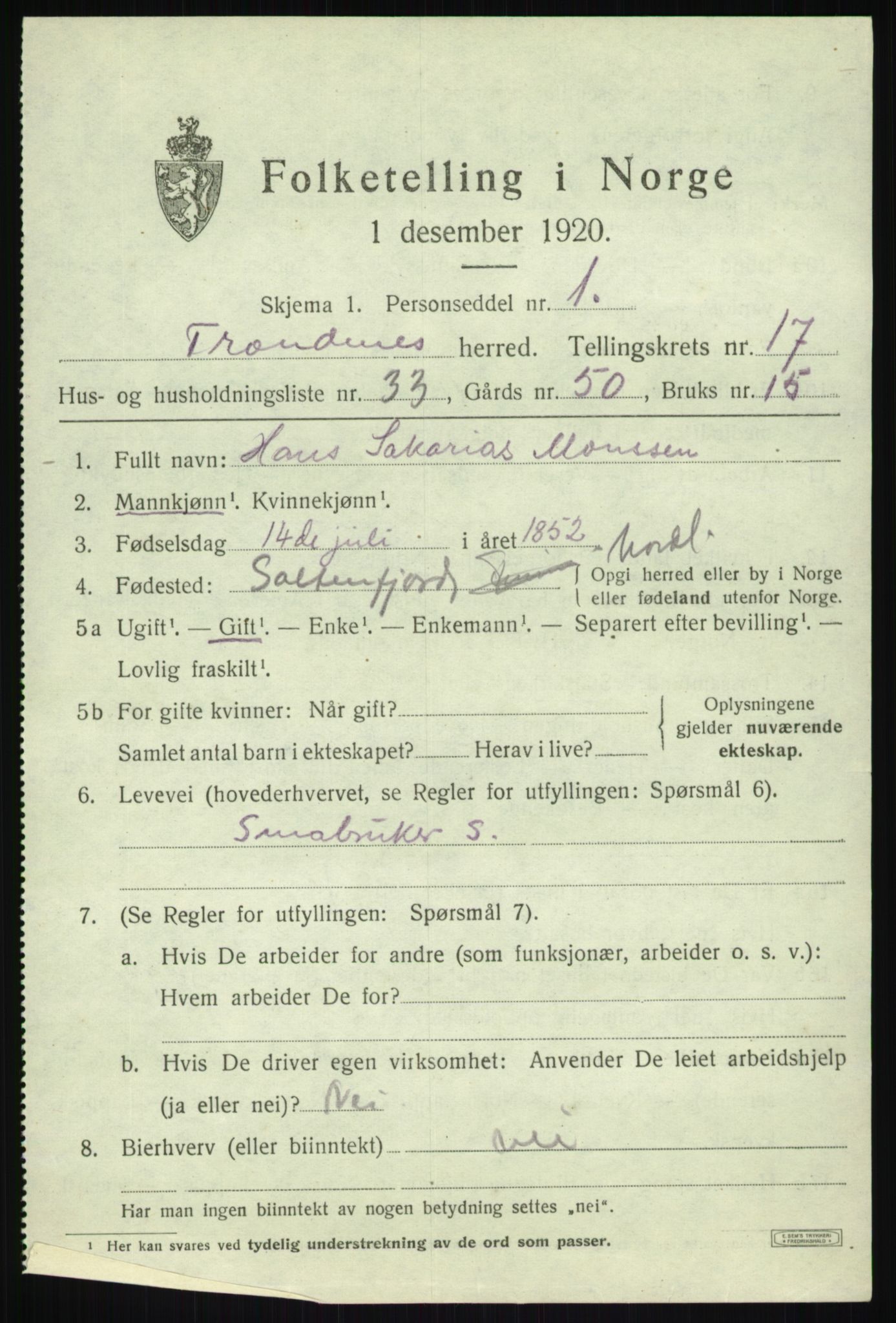 SATØ, 1920 census for Trondenes, 1920, p. 12237