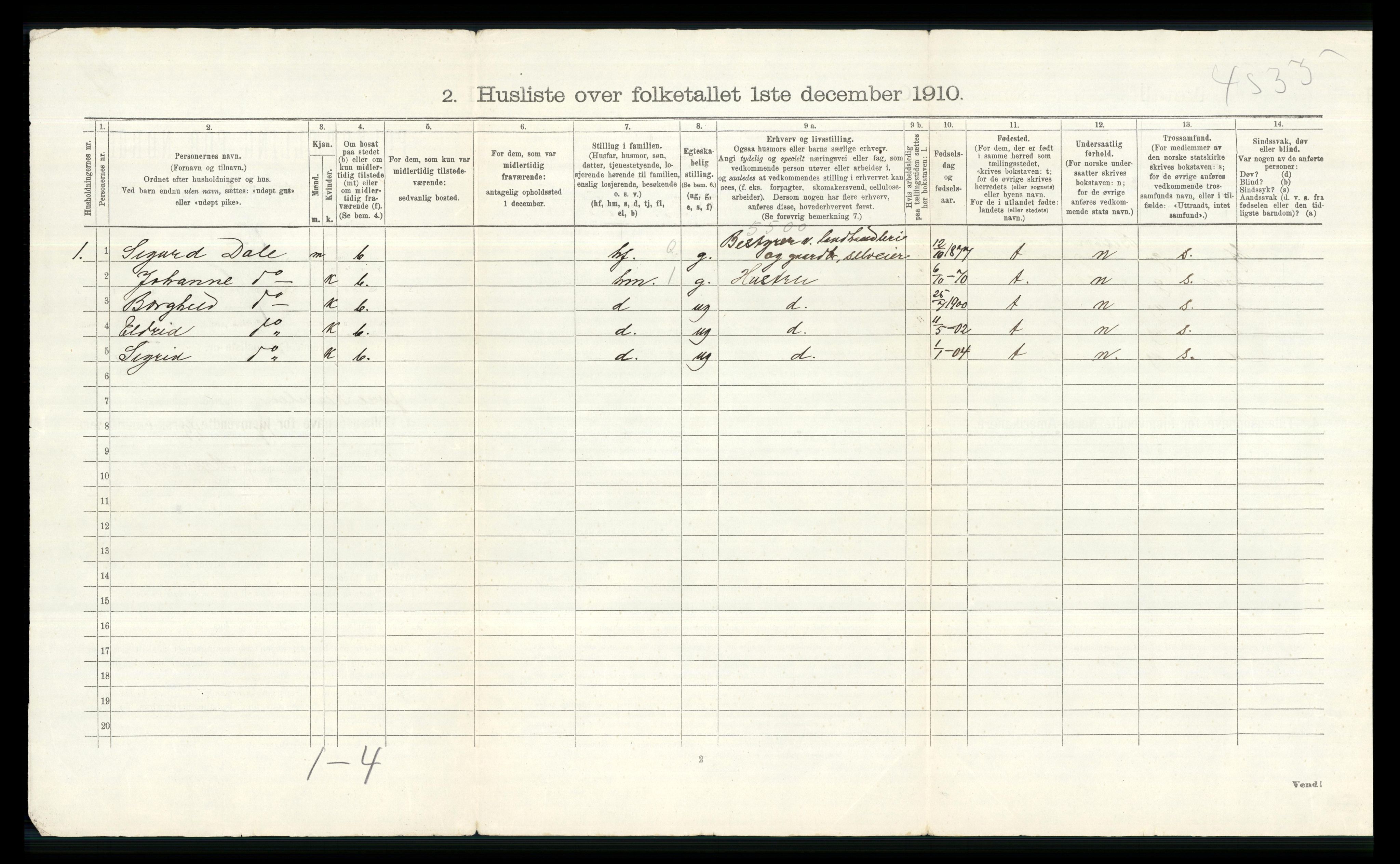 RA, 1910 census for Øvre Rendal, 1910, p. 39