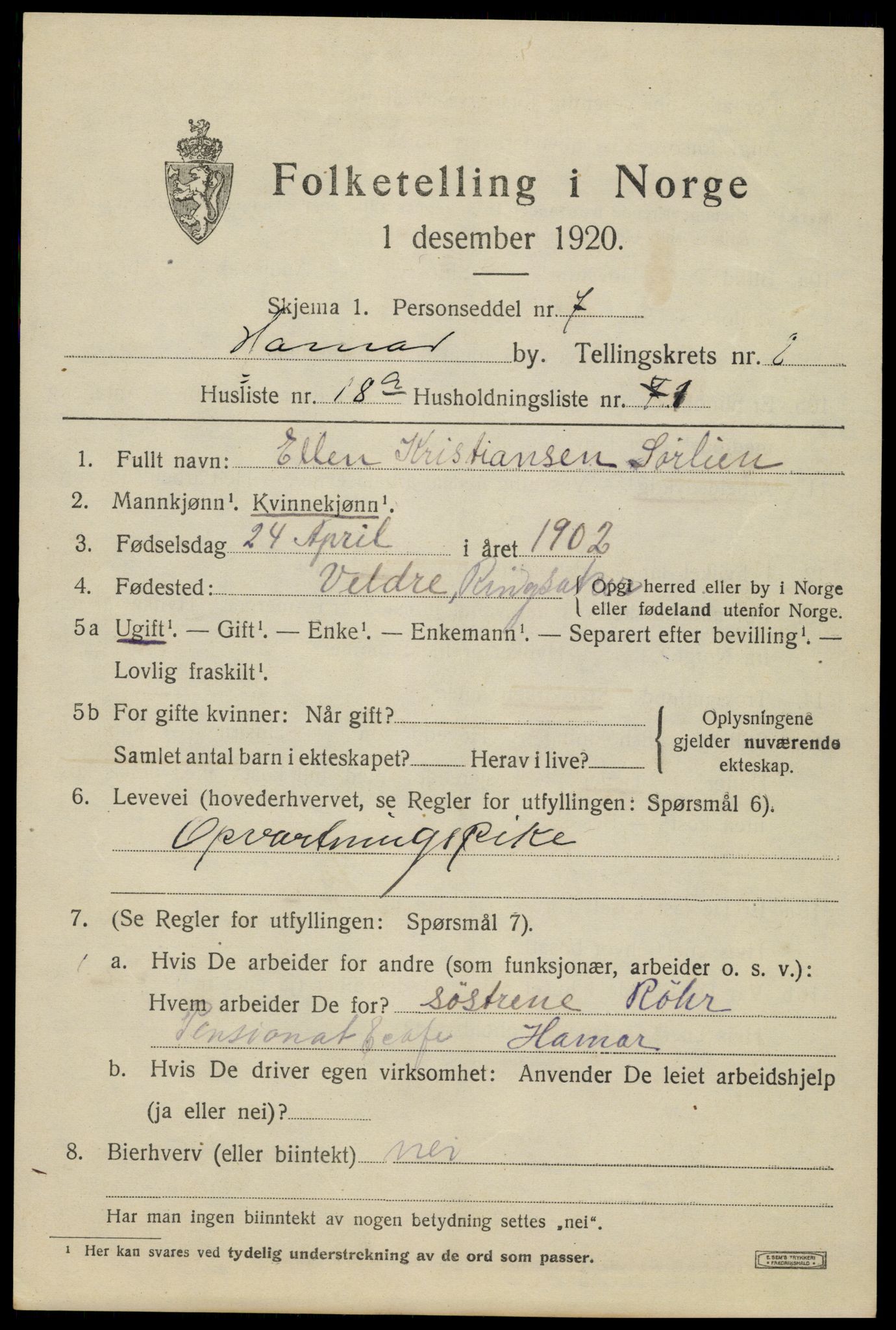 SAH, 1920 census for Hamar, 1920, p. 14903