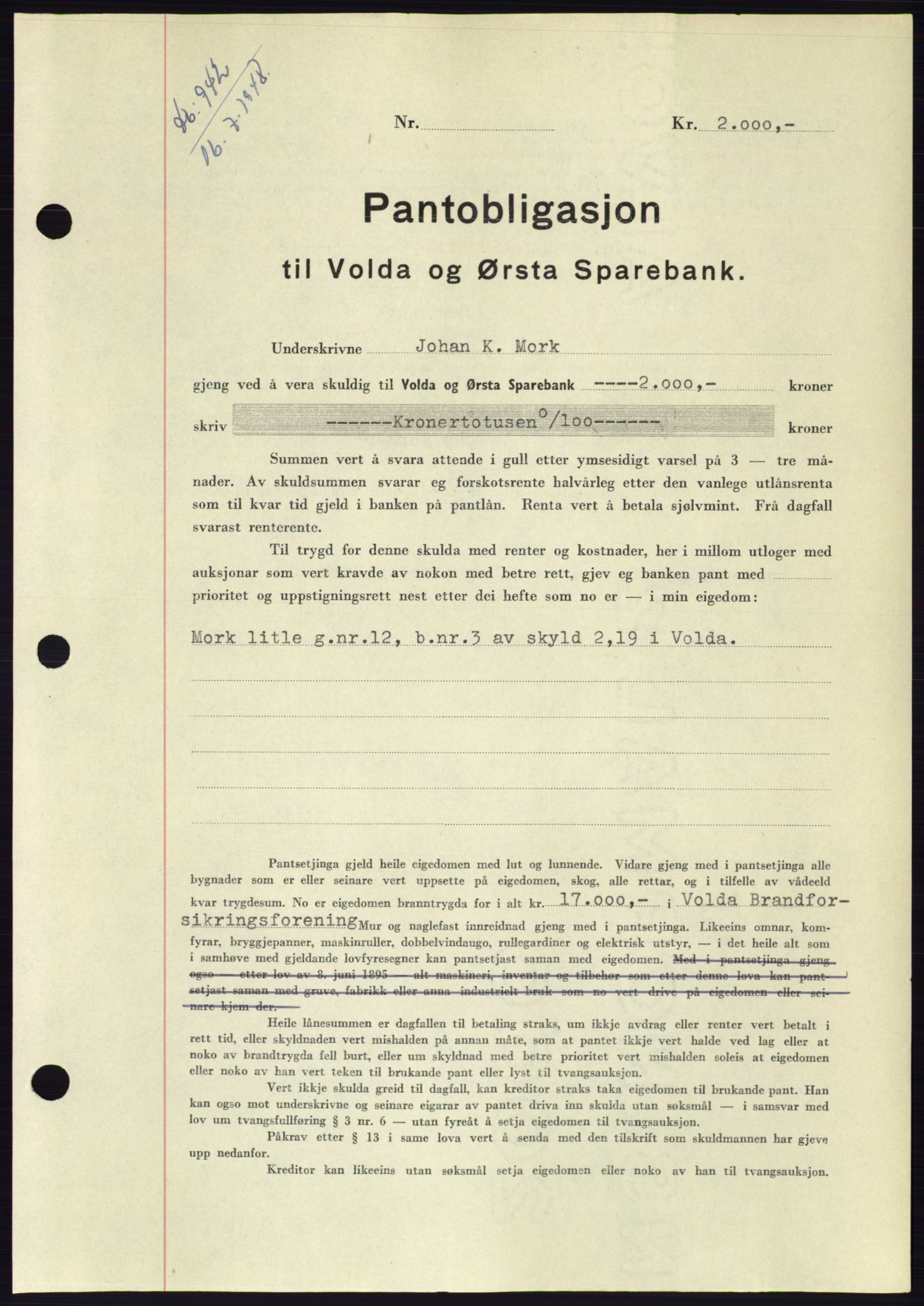 Søre Sunnmøre sorenskriveri, AV/SAT-A-4122/1/2/2C/L0116: Mortgage book no. 4B, 1948-1949, Diary no: : 942/1948