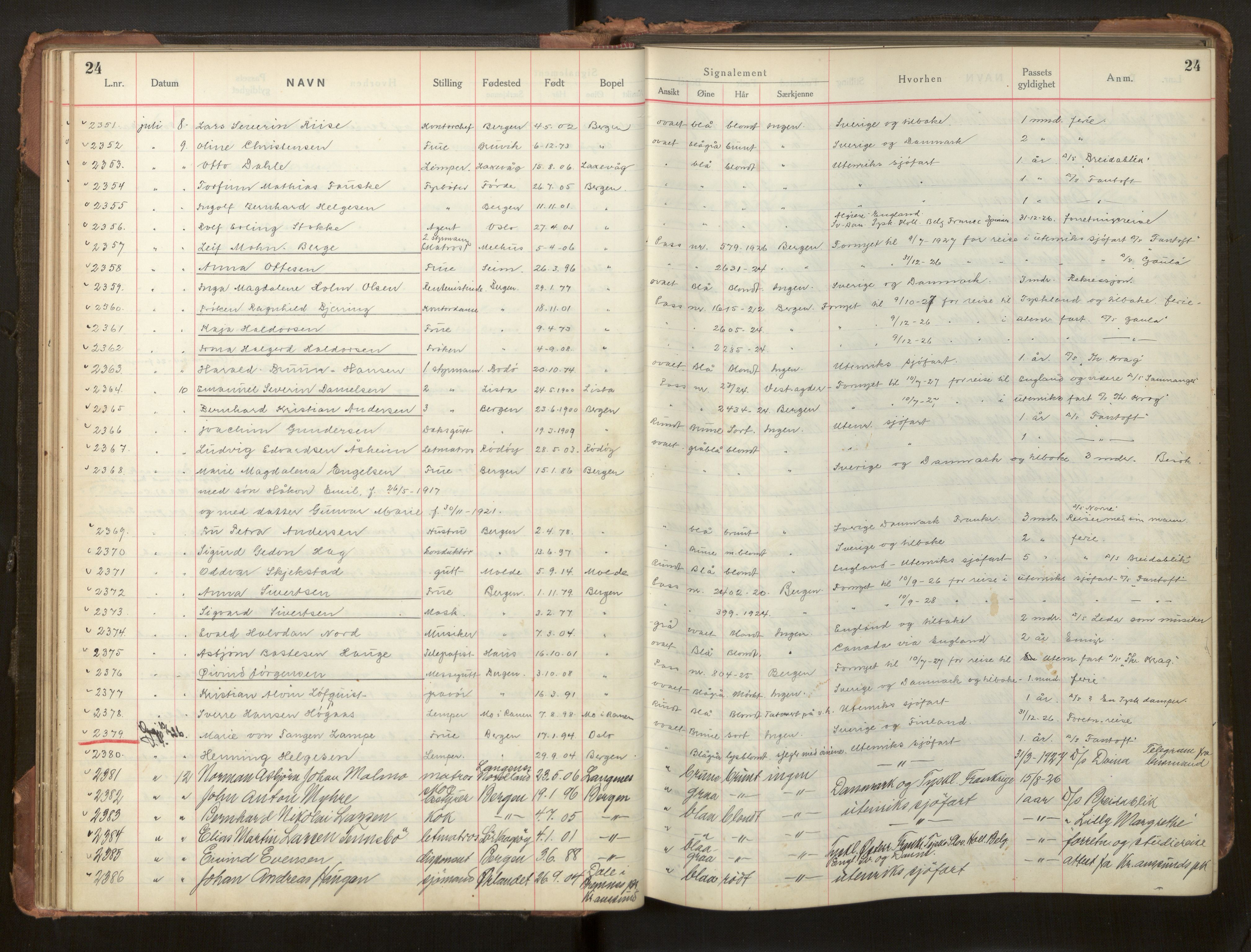 Bergen politikammer / politidistrikt, AV/SAB-A-60401/L/La/Lab/L0011: Passprotokoll, 1926-1928