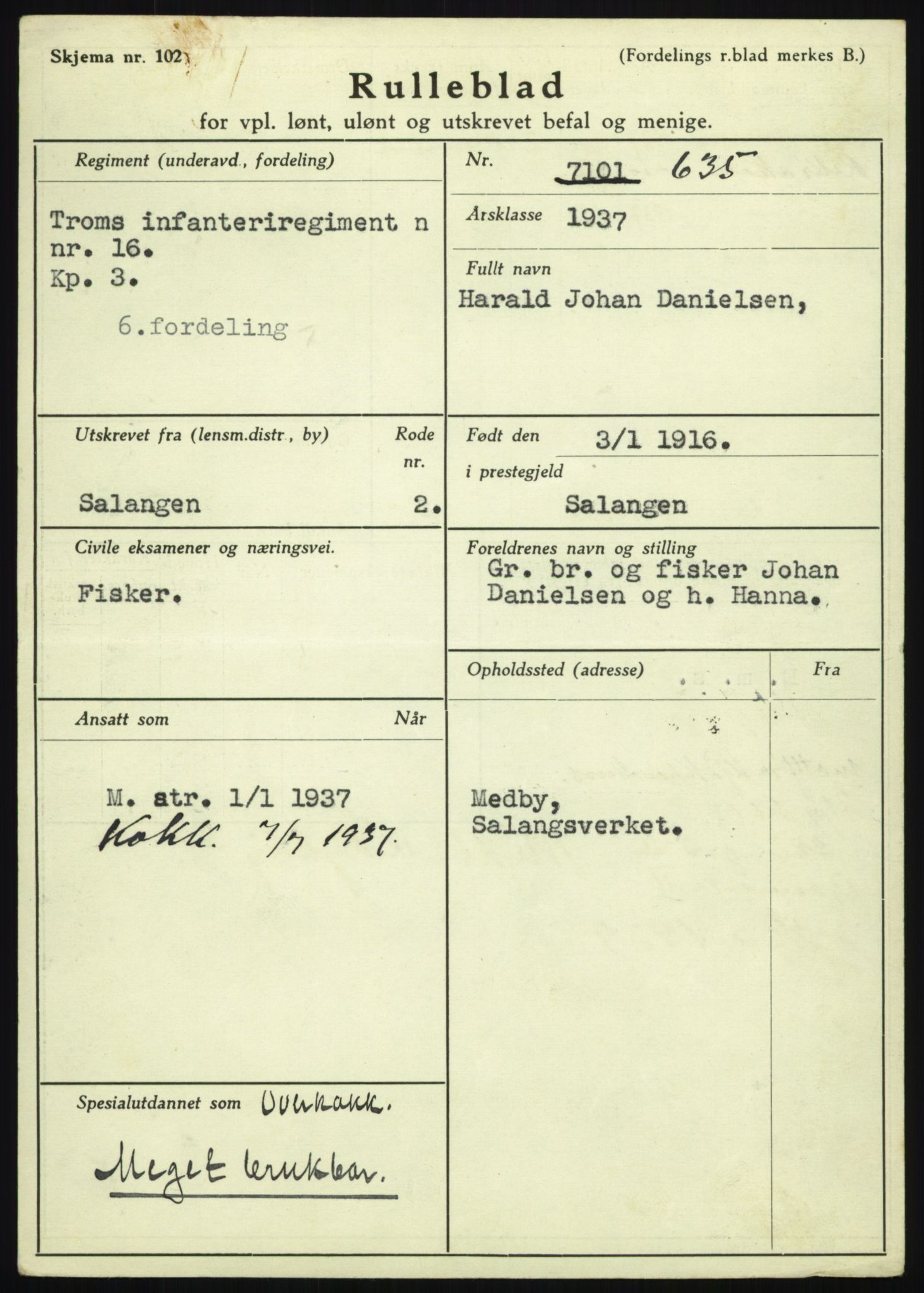 Forsvaret, Troms infanteriregiment nr. 16, AV/RA-RAFA-3146/P/Pa/L0021: Rulleblad for regimentets menige mannskaper, årsklasse 1937, 1937, p. 125
