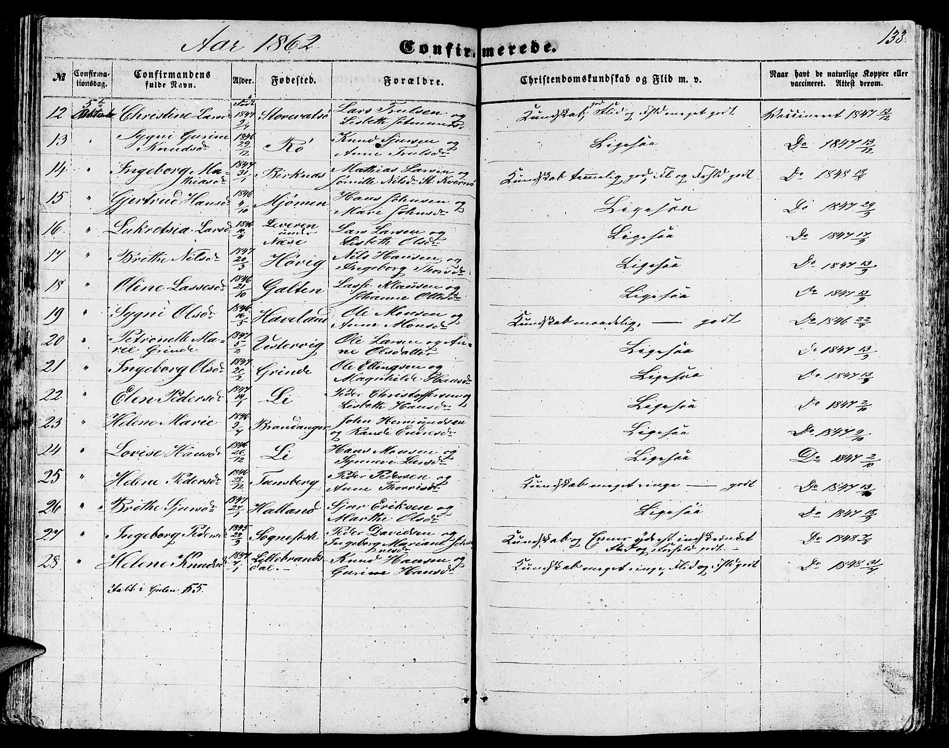 Gulen sokneprestembete, AV/SAB-A-80201/H/Hab/Habb/L0001: Parish register (copy) no. B 1, 1854-1866, p. 133