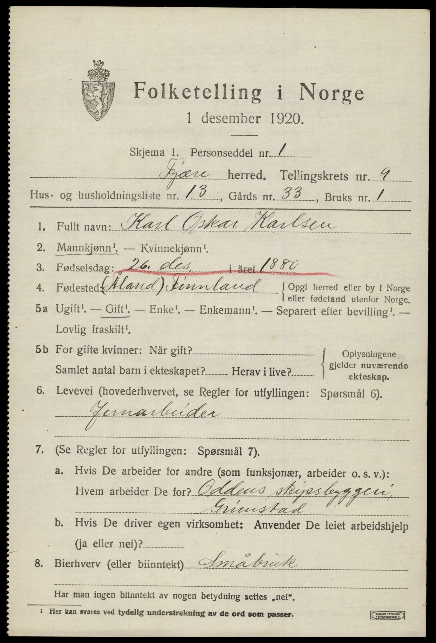 SAK, 1920 census for Fjære, 1920, p. 11271