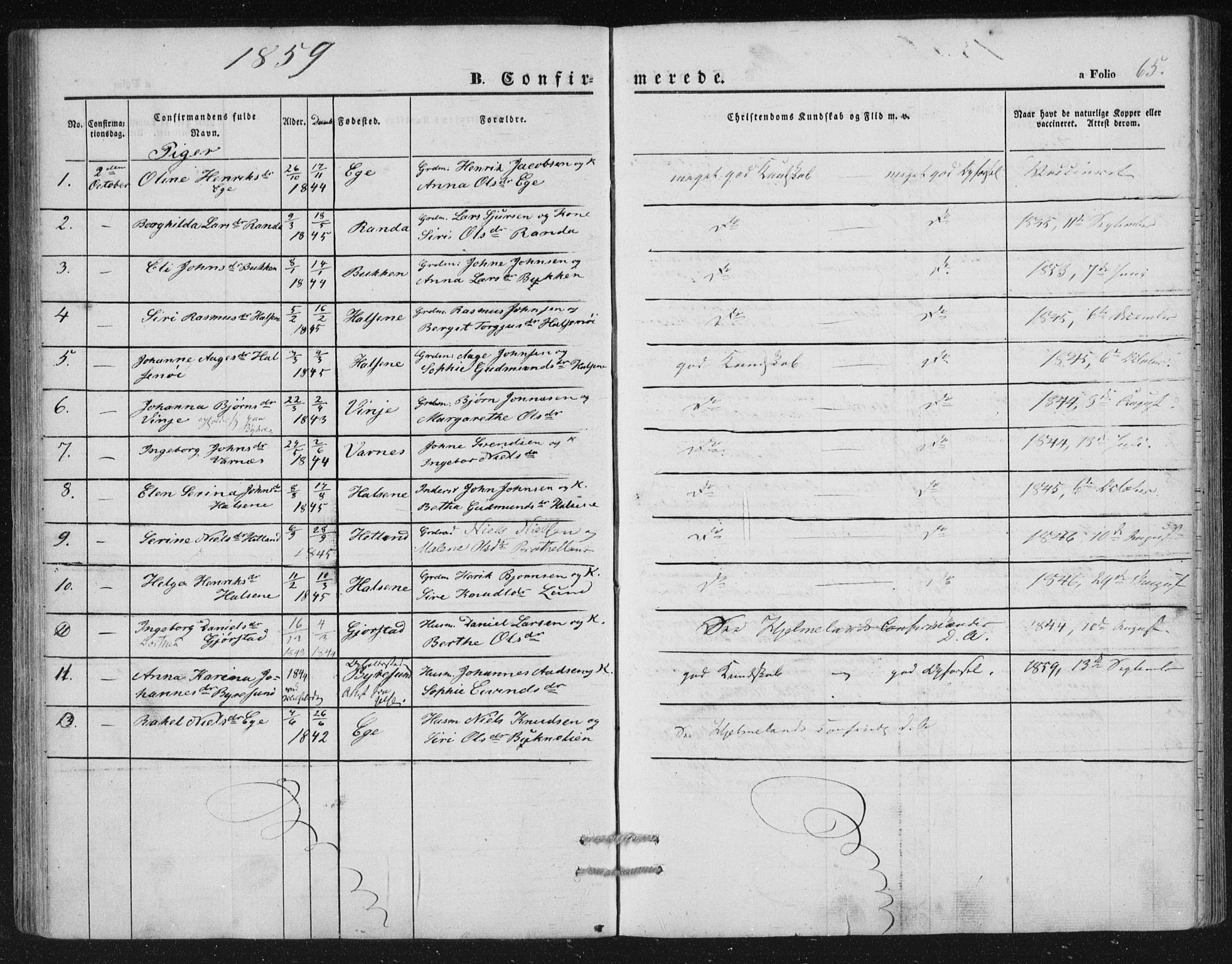 Hjelmeland sokneprestkontor, AV/SAST-A-101843/01/IV/L0010: Parish register (official) no. A 10, 1851-1871, p. 65