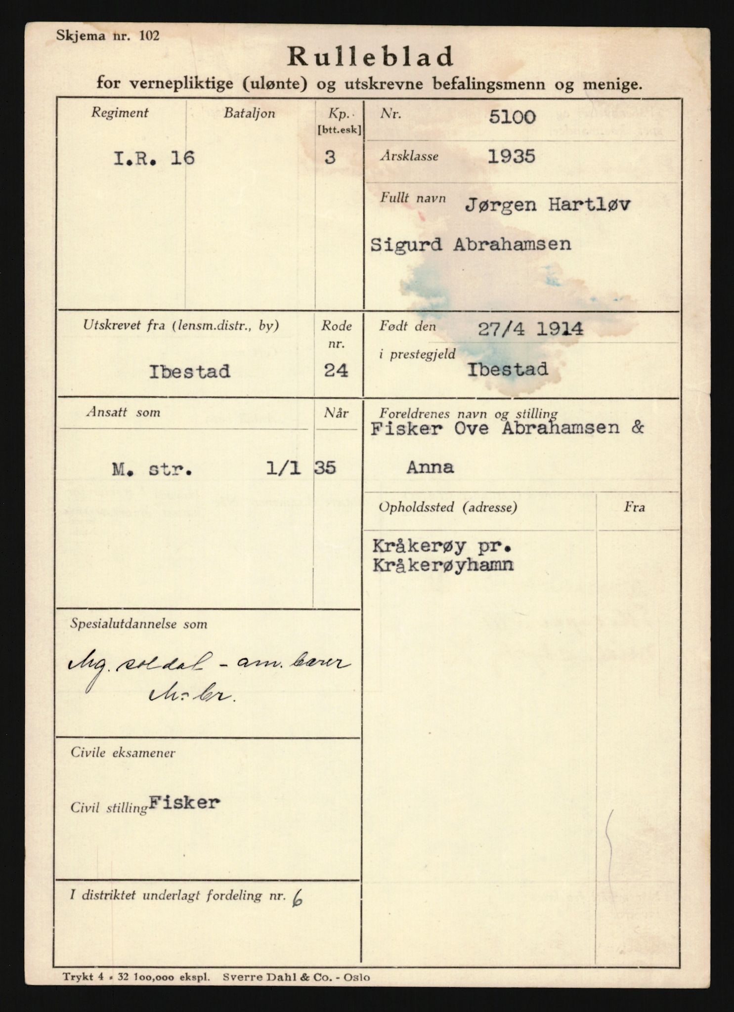 Forsvaret, Troms infanteriregiment nr. 16, AV/RA-RAFA-3146/P/Pa/L0019: Rulleblad for regimentets menige mannskaper, årsklasse 1935, 1935, p. 5