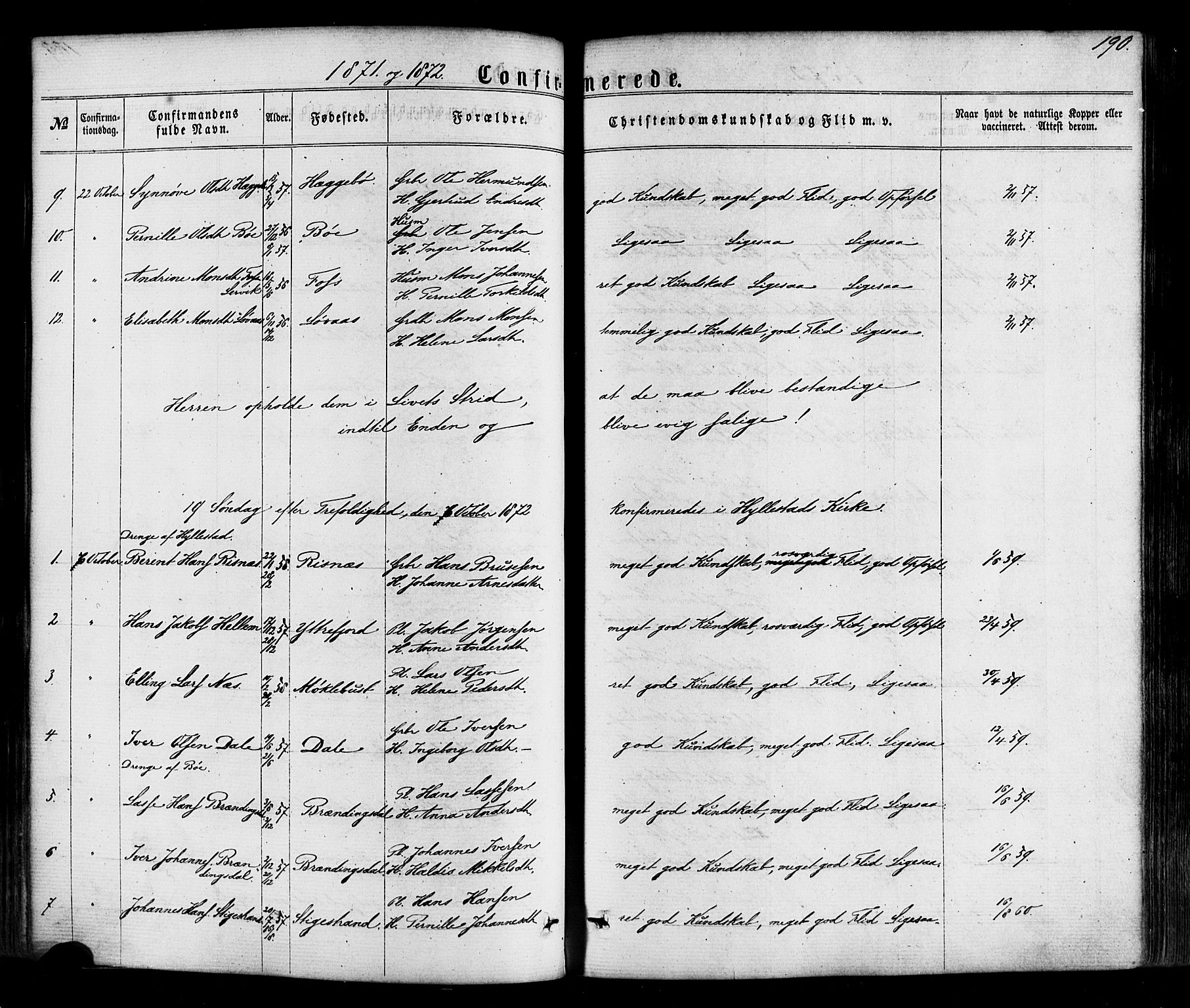 Hyllestad sokneprestembete, SAB/A-80401: Parish register (official) no. A 1, 1861-1886, p. 190