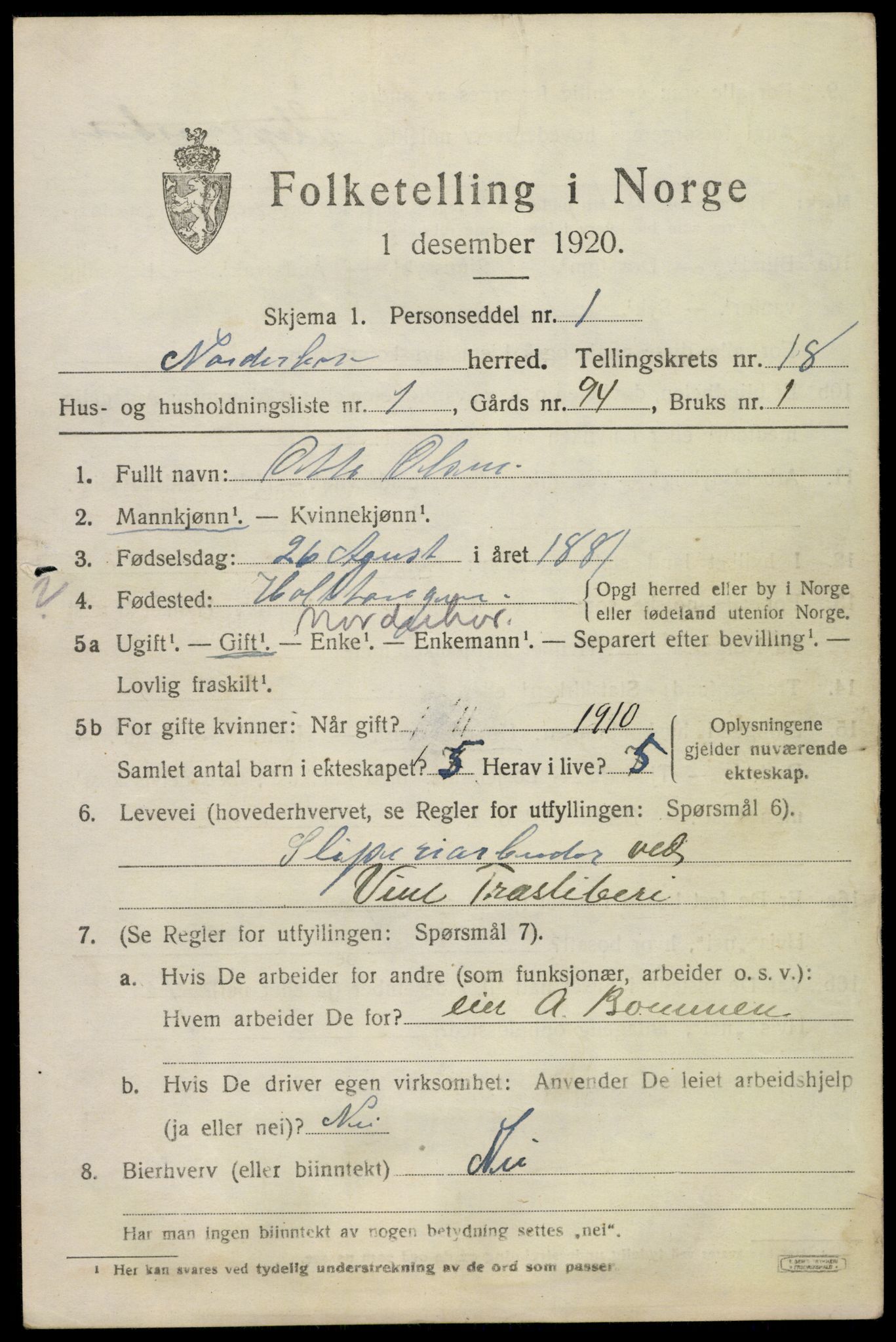 SAKO, 1920 census for Norderhov, 1920, p. 19555