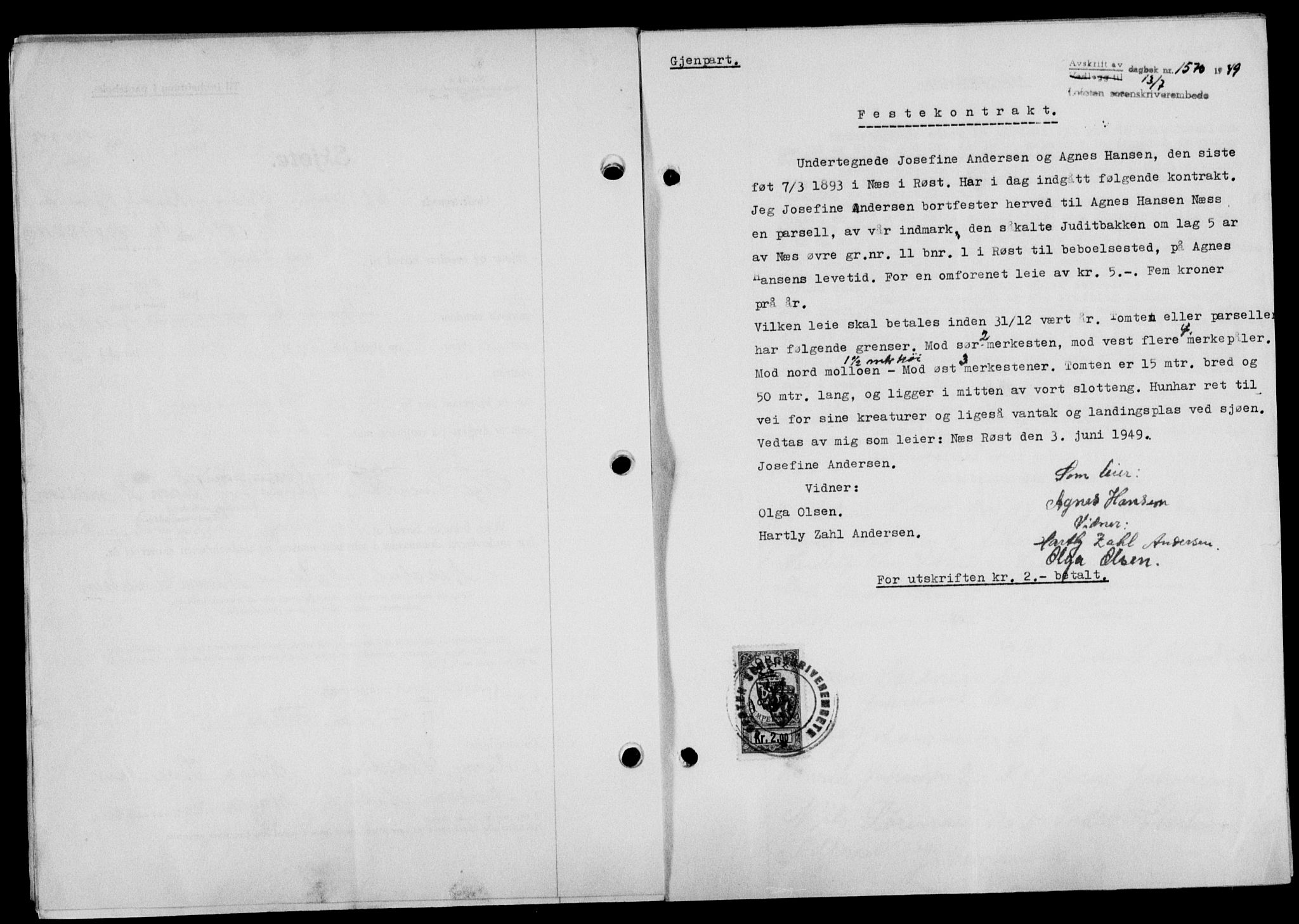 Lofoten sorenskriveri, SAT/A-0017/1/2/2C/L0021a: Mortgage book no. 21a, 1949-1949, Diary no: : 1570/1949