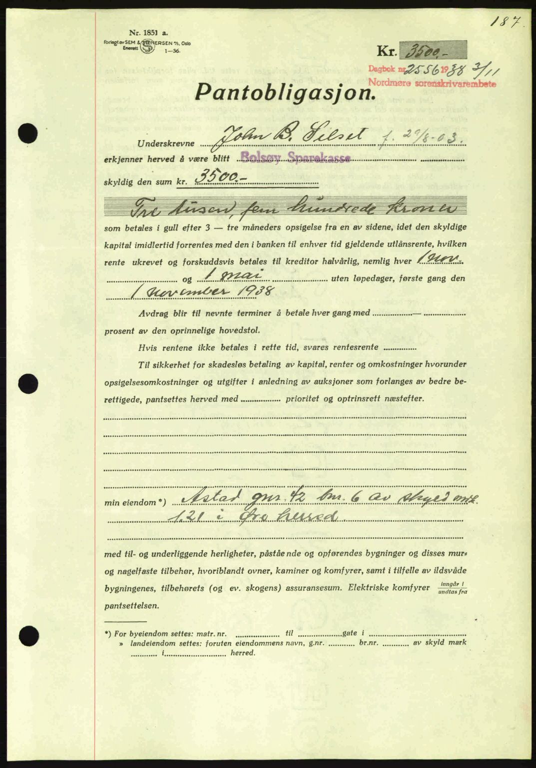 Nordmøre sorenskriveri, AV/SAT-A-4132/1/2/2Ca: Mortgage book no. B84, 1938-1939, Diary no: : 2556/1938