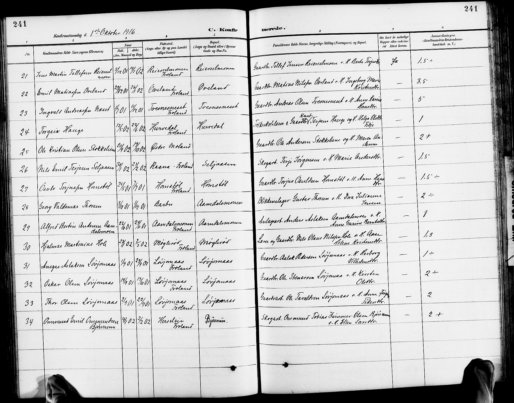 Froland sokneprestkontor, AV/SAK-1111-0013/F/Fb/L0010: Parish register (copy) no. B 10, 1893-1920, p. 241