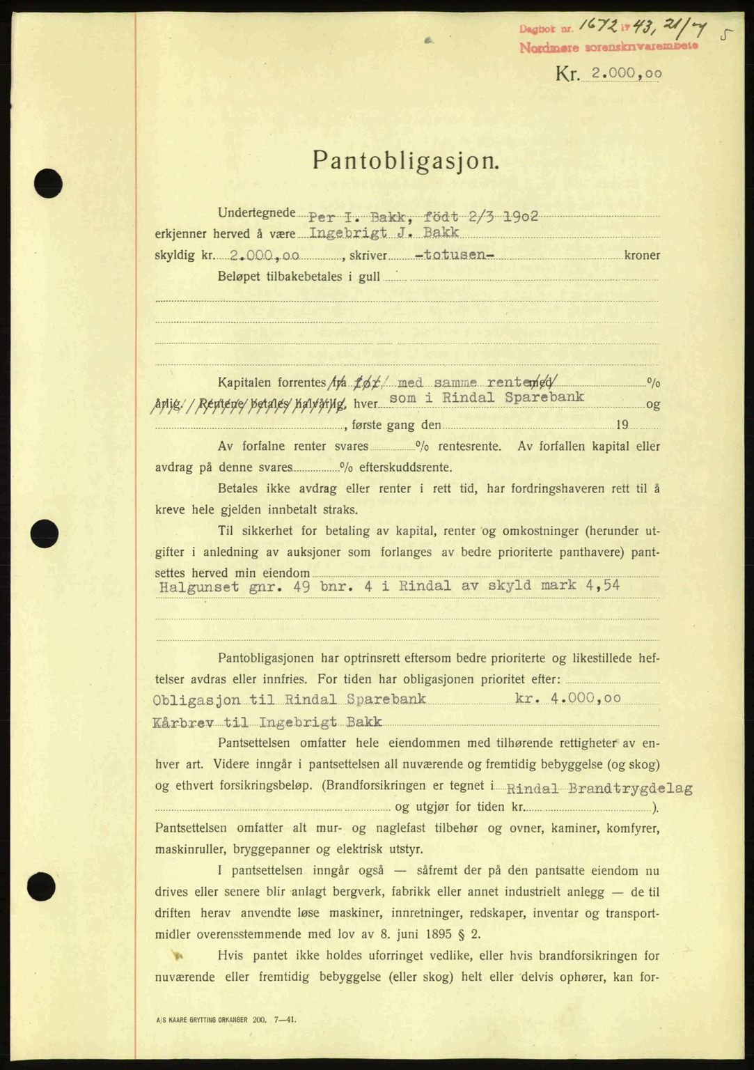 Nordmøre sorenskriveri, AV/SAT-A-4132/1/2/2Ca: Mortgage book no. B91, 1943-1944, Diary no: : 1672/1943