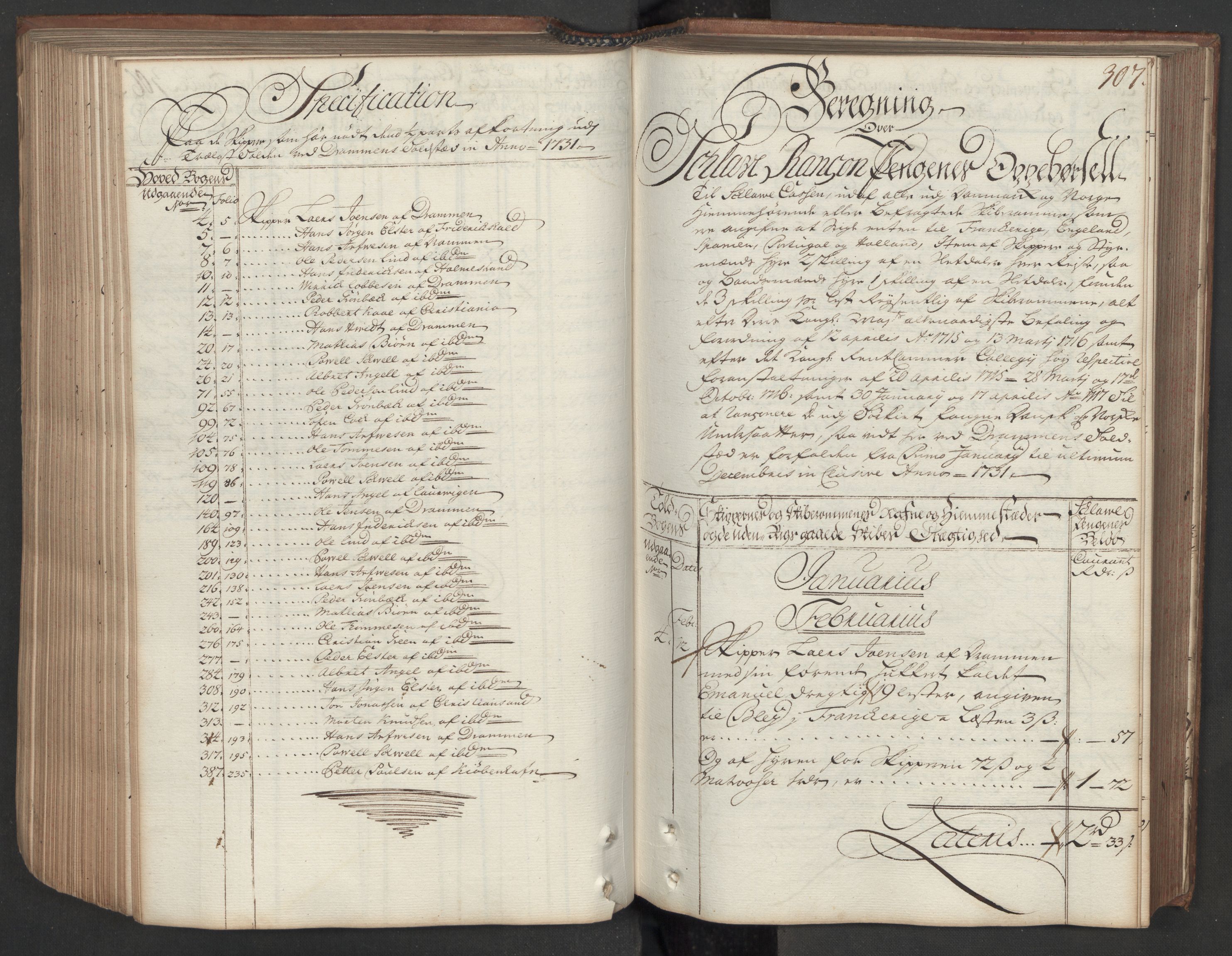 Generaltollkammeret, tollregnskaper, RA/EA-5490/R08/L0009/0001: Tollregnskaper Drammen / Hovedtollbok, 1731, p. 306b-307a