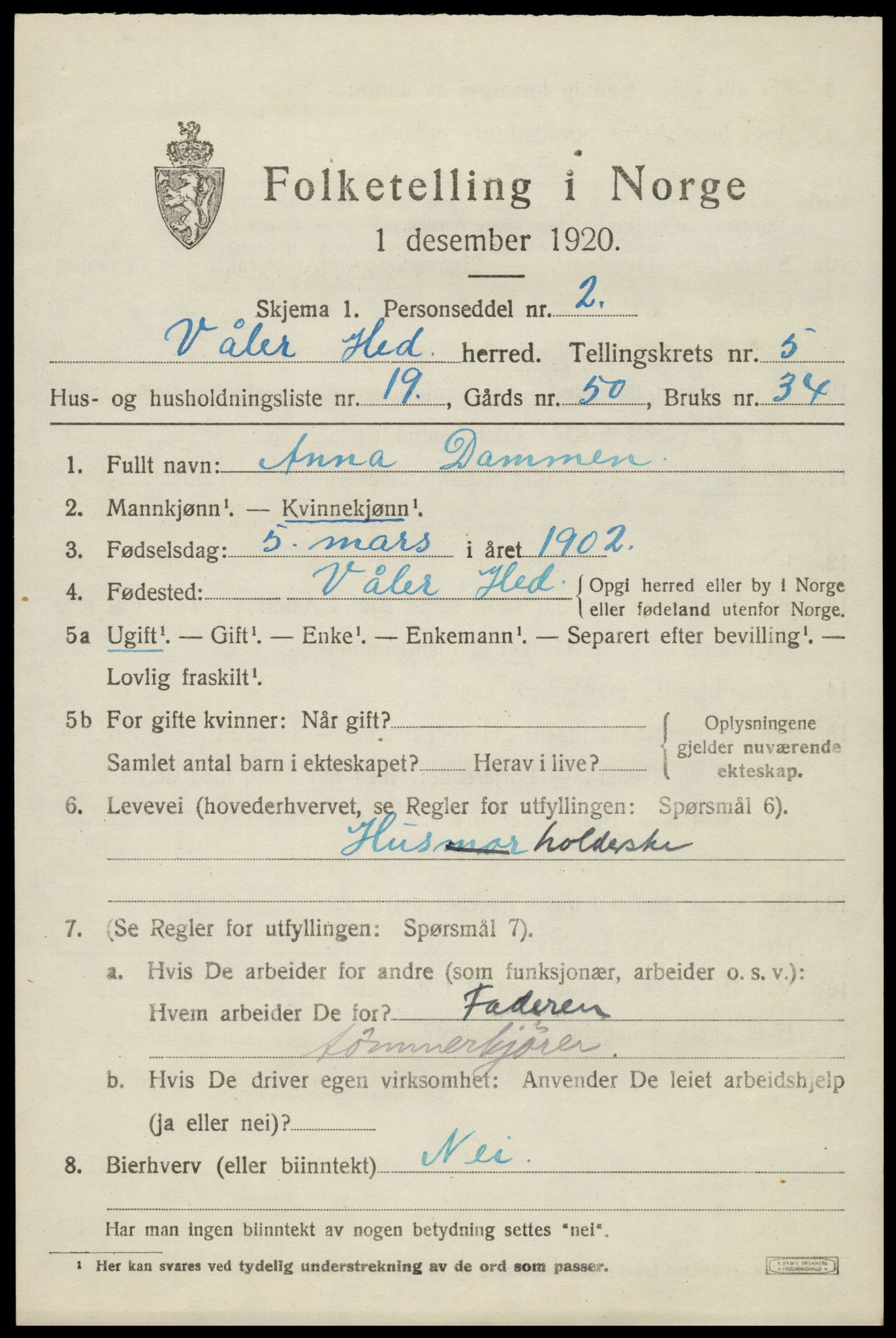 SAH, 1920 census for Våler (Hedmark), 1920, p. 5779