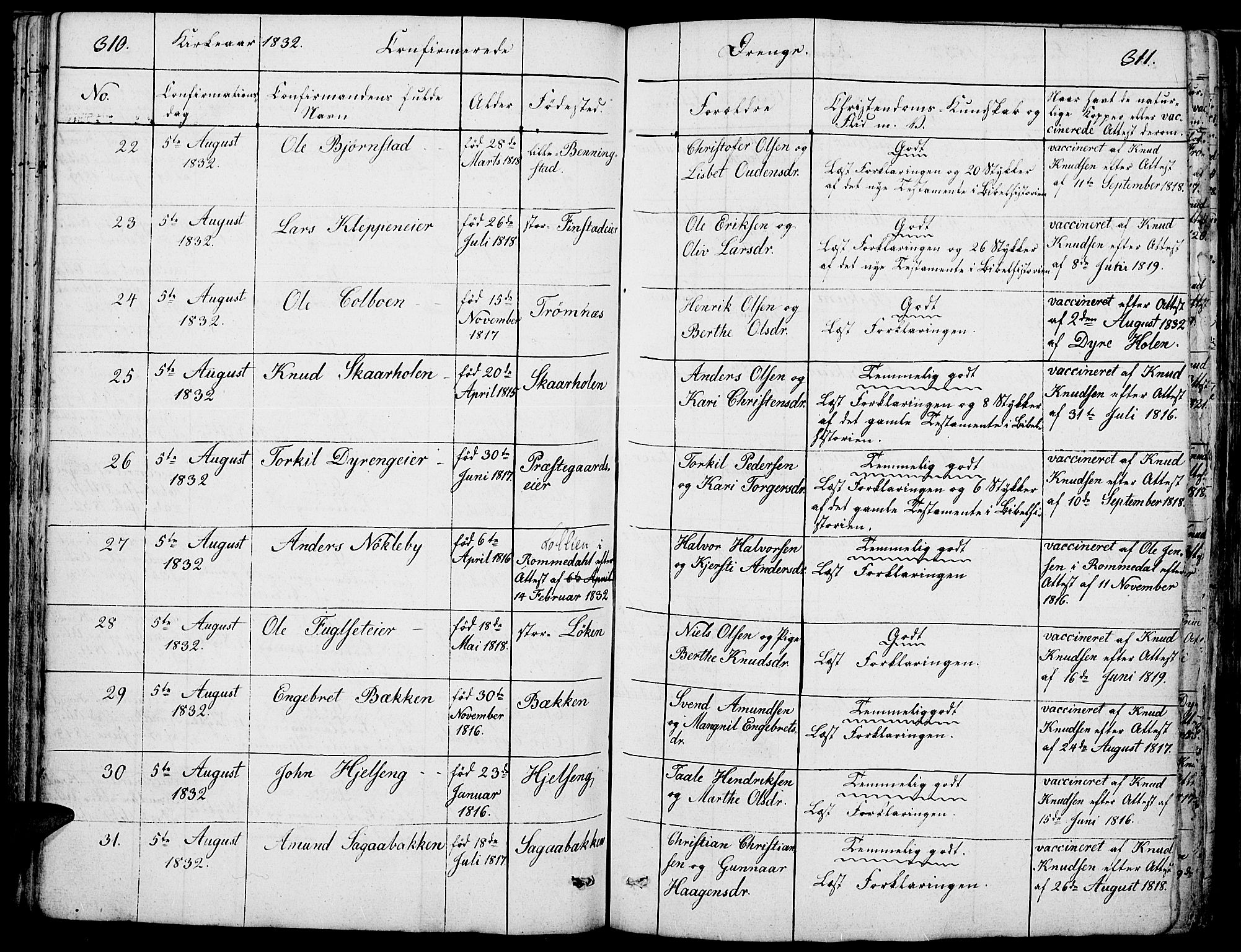 Løten prestekontor, AV/SAH-PREST-022/K/Ka/L0006: Parish register (official) no. 6, 1832-1849, p. 310-311