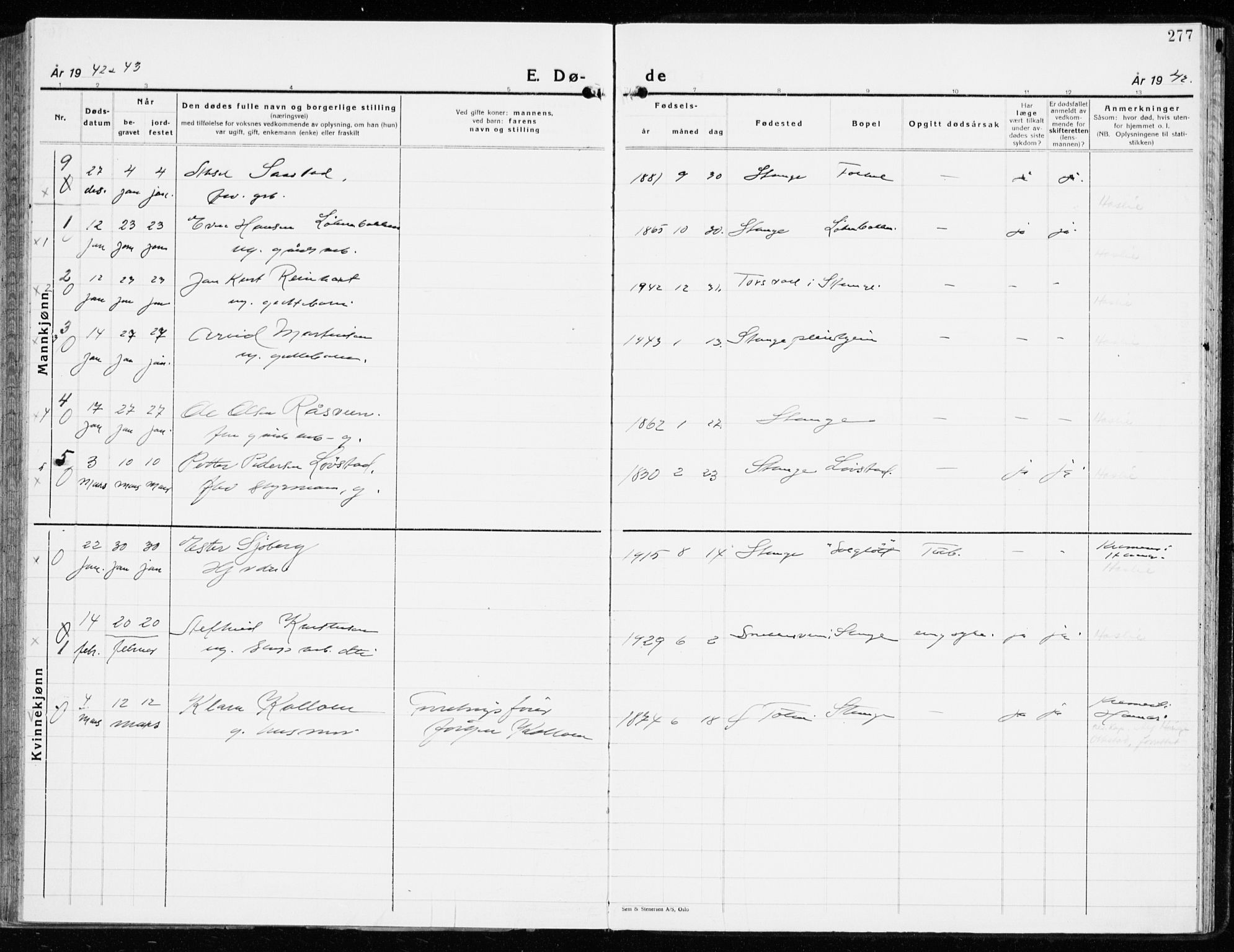 Stange prestekontor, AV/SAH-PREST-002/K/L0027: Parish register (official) no. 27, 1937-1947, p. 277