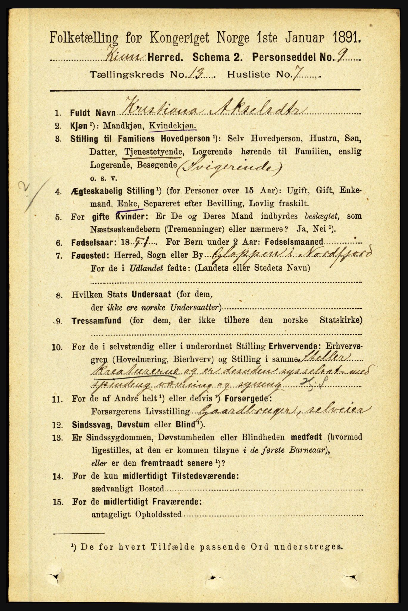 RA, 1891 census for 1437 Kinn, 1891, p. 5101