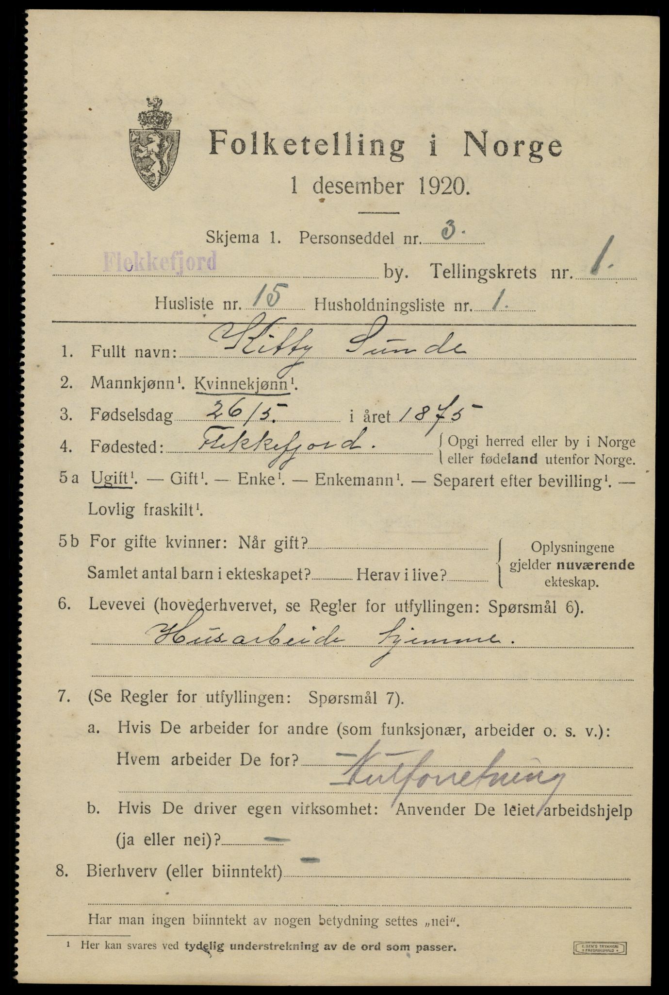 SAK, 1920 census for Flekkefjord, 1920, p. 2042