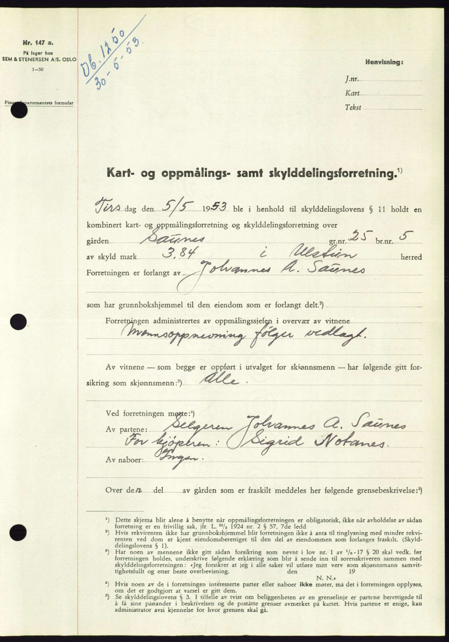 Søre Sunnmøre sorenskriveri, AV/SAT-A-4122/1/2/2C/L0095: Mortgage book no. 21A, 1953-1953, Diary no: : 1250/1953