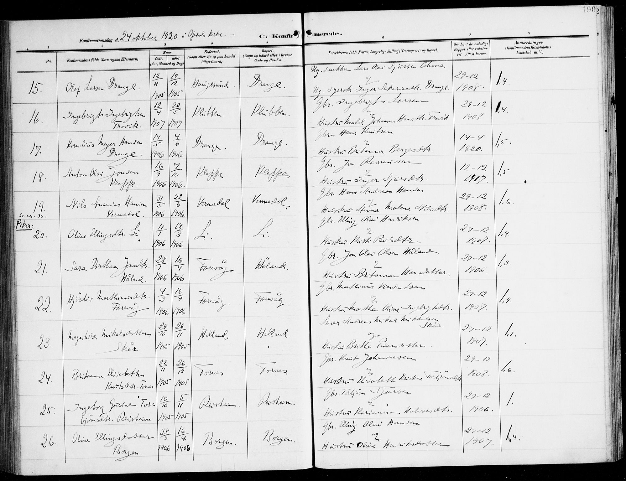 Tysnes sokneprestembete, SAB/A-78601/H/Haa: Parish register (official) no. D 2, 1905-1922, p. 190