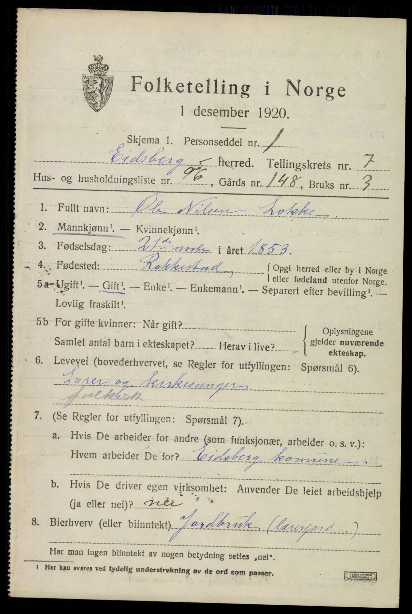 SAO, 1920 census for Eidsberg, 1920, p. 9665