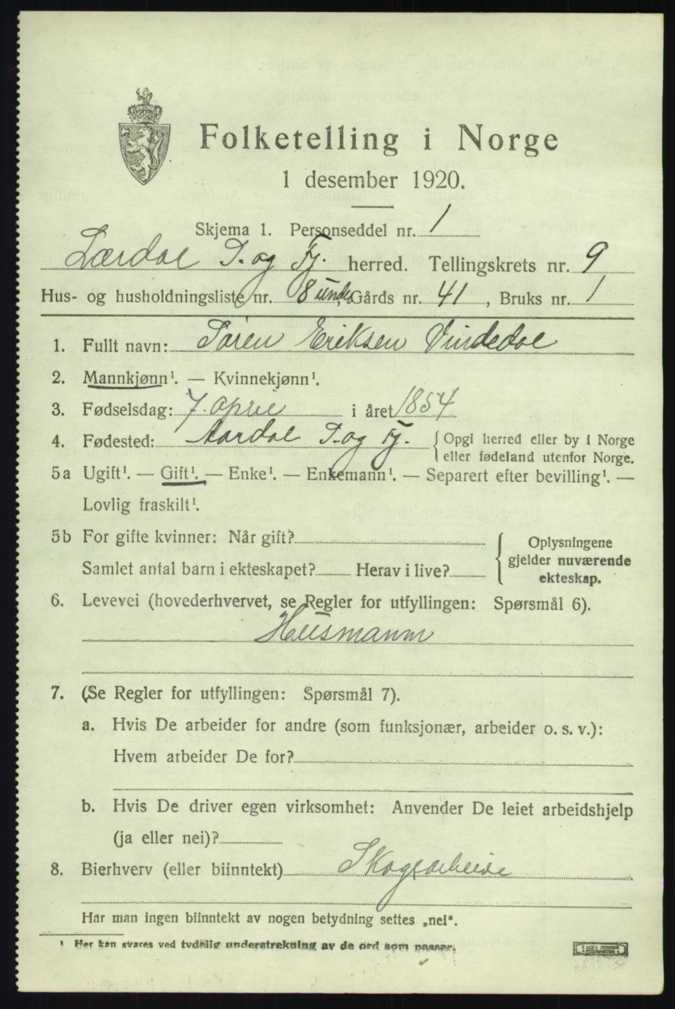 SAB, 1920 census for Lærdal, 1920, p. 4340