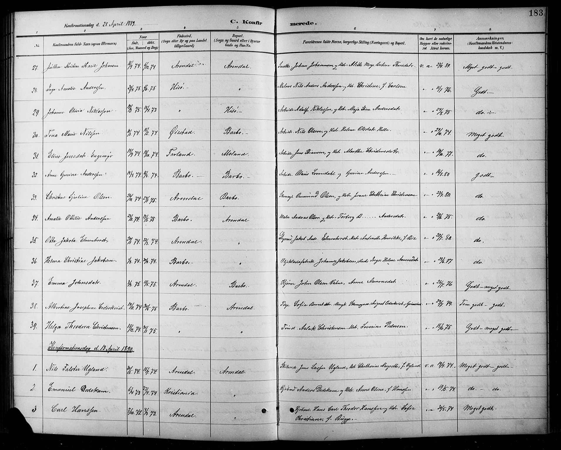 Arendal sokneprestkontor, Trefoldighet, AV/SAK-1111-0040/F/Fb/L0006: Parish register (copy) no. B 6, 1889-1916, p. 183