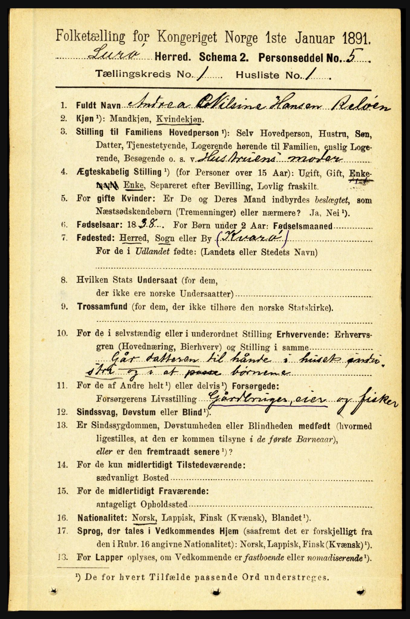 RA, 1891 census for 1834 Lurøy, 1891, p. 108