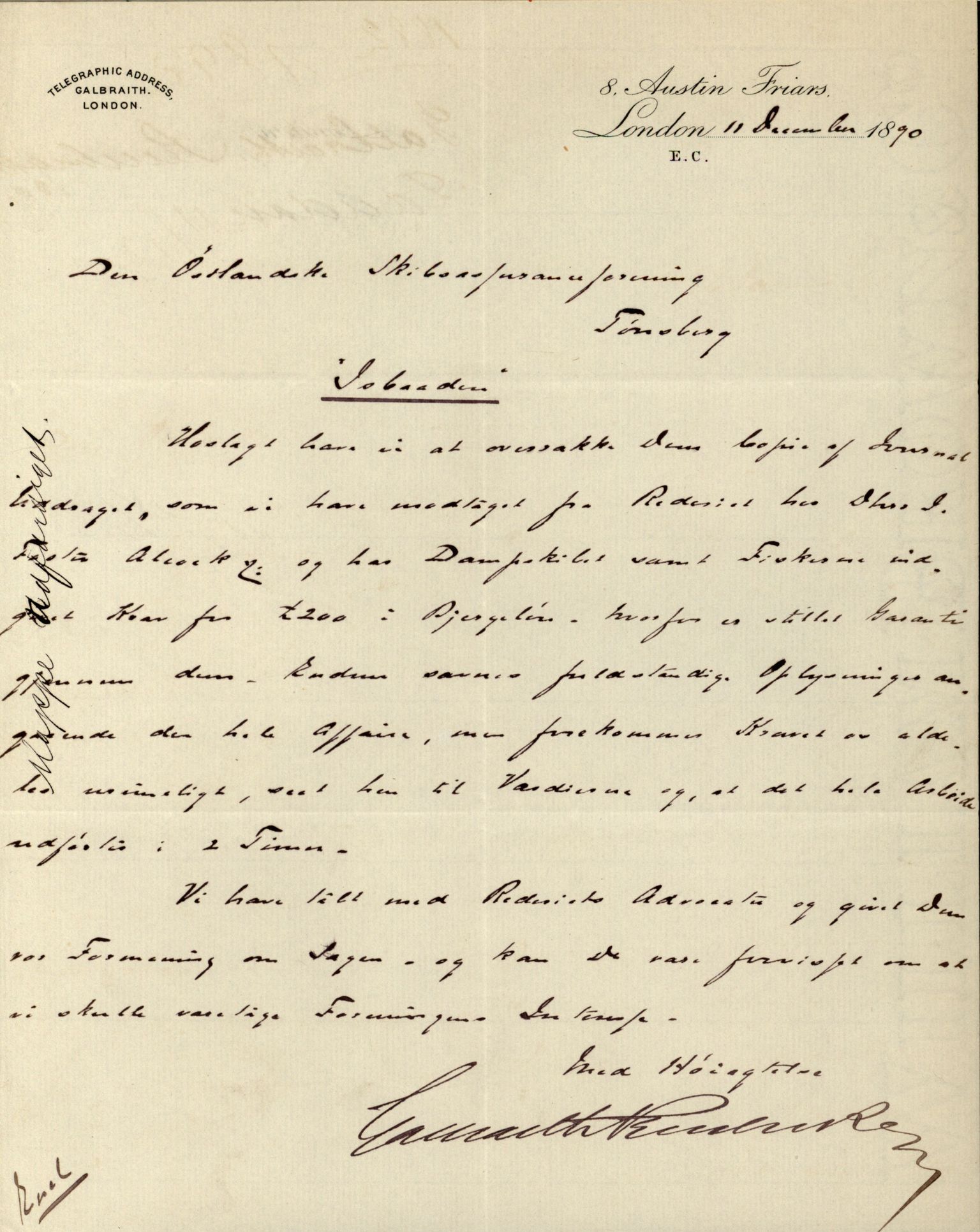 Pa 63 - Østlandske skibsassuranceforening, VEMU/A-1079/G/Ga/L0026/0006: Havaridokumenter / Isbaaden, Sophie & Nicoline, Sophie, Kommandor, Svend Foyn, 1890, p. 2