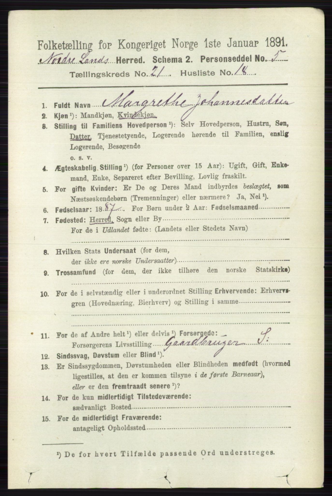 RA, 1891 census for 0538 Nordre Land, 1891, p. 5373