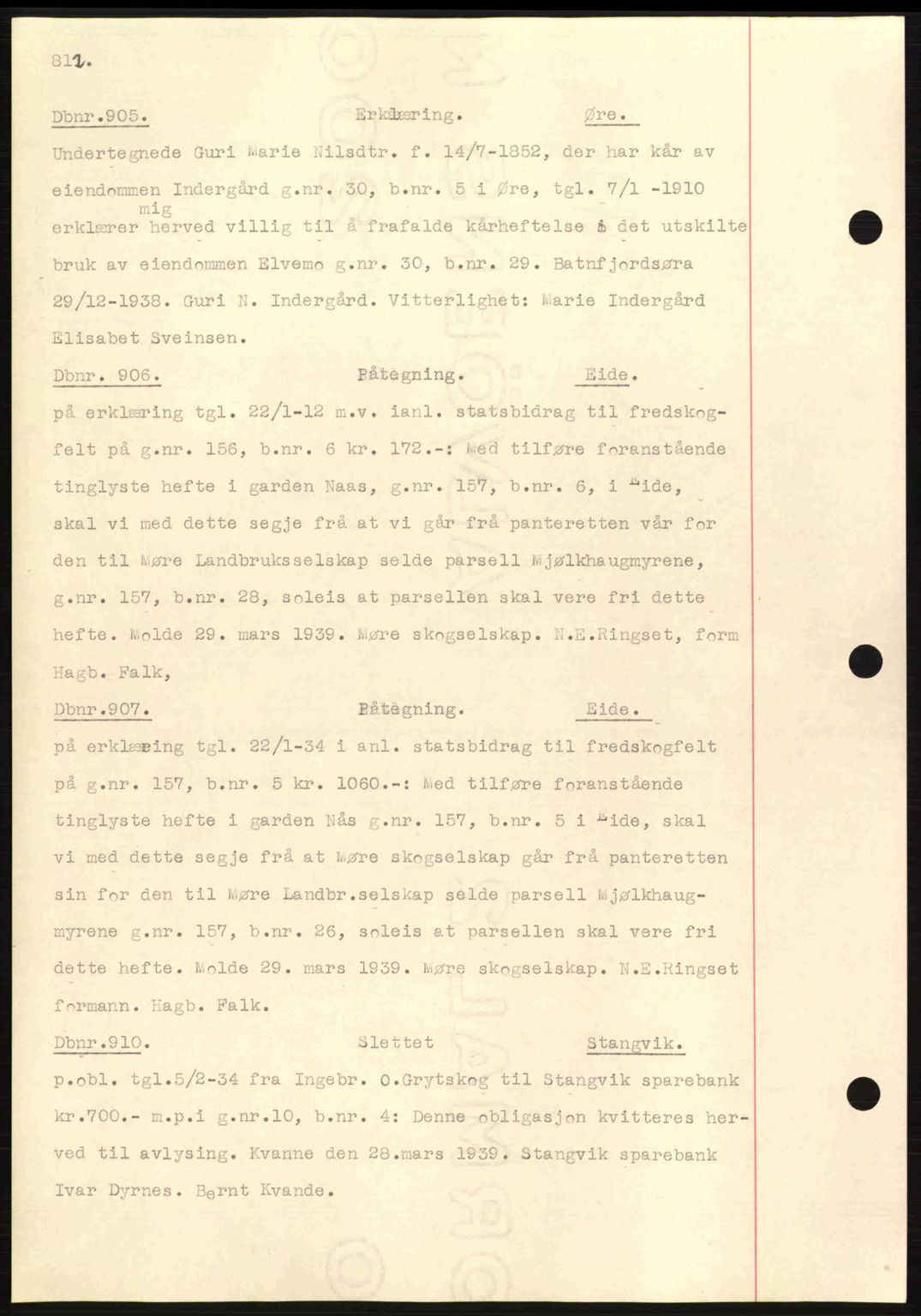 Nordmøre sorenskriveri, AV/SAT-A-4132/1/2/2Ca: Mortgage book no. C80, 1936-1939, Diary no: : 905/1939