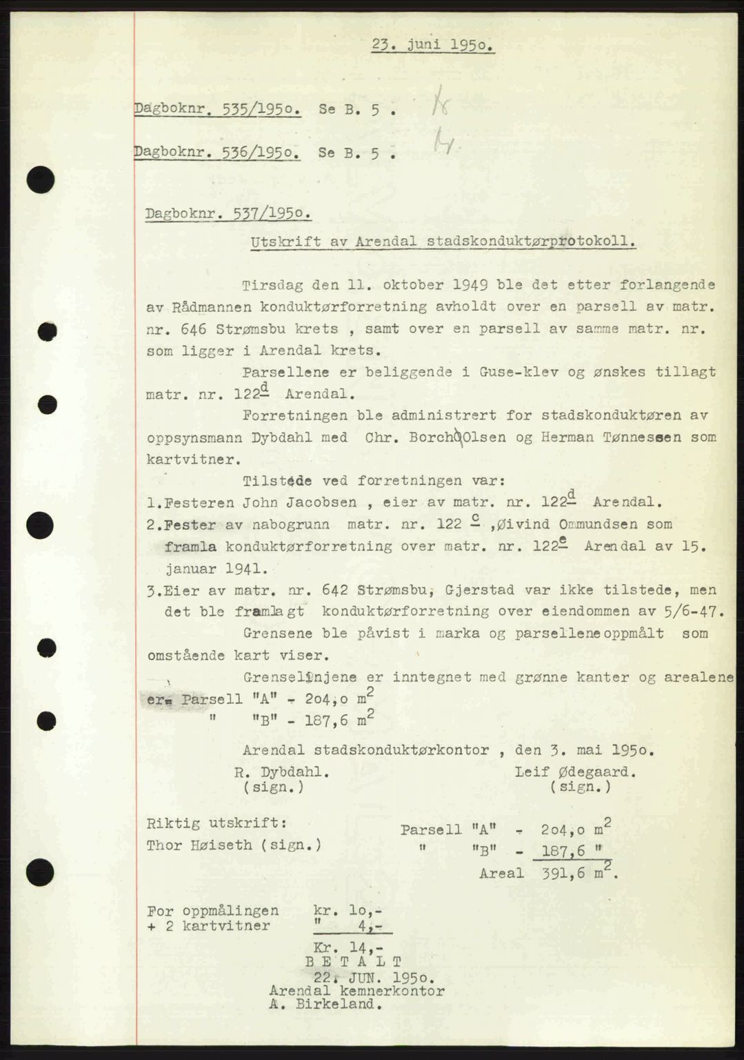 Arendal byfogd, AV/SAK-1222-0001/G/Gb/Gba/L0039: Mortgage book no. A40, 1950-1950, Diary no: : 537/1950