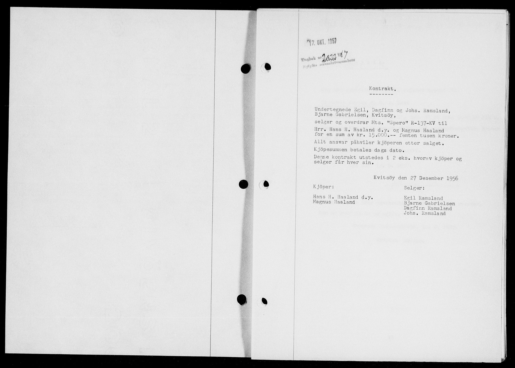 Ryfylke tingrett, SAST/A-100055/001/II/IIB/L0139: Mortgage book no. 118, 1957-1957, Diary no: : 2022/1957