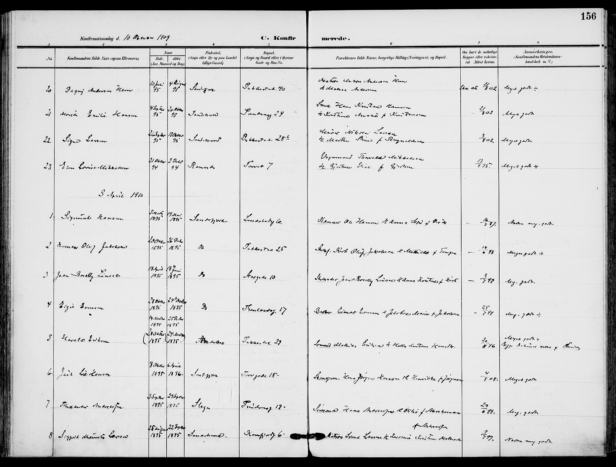 Sandefjord kirkebøker, SAKO/A-315/F/Fa/L0005: Parish register (official) no. 5, 1906-1915, p. 156